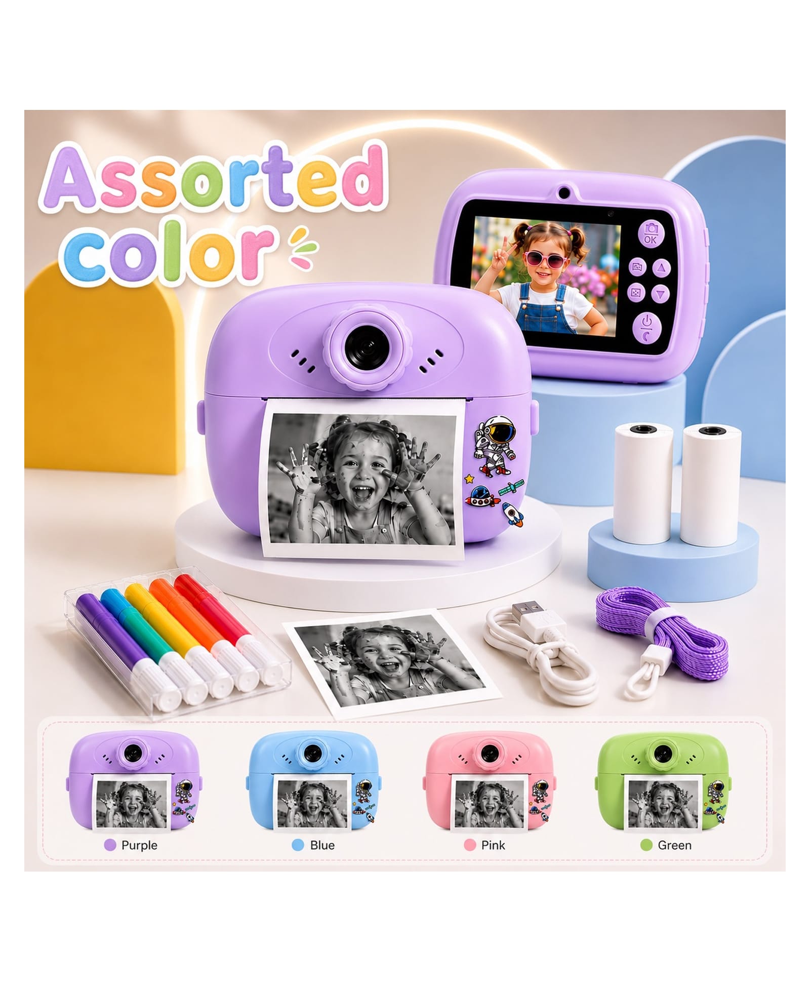 NHR DIY instant photo printer camera Instant Photo Printer Dual Selfie Camera for Kids (Purple)-image-2