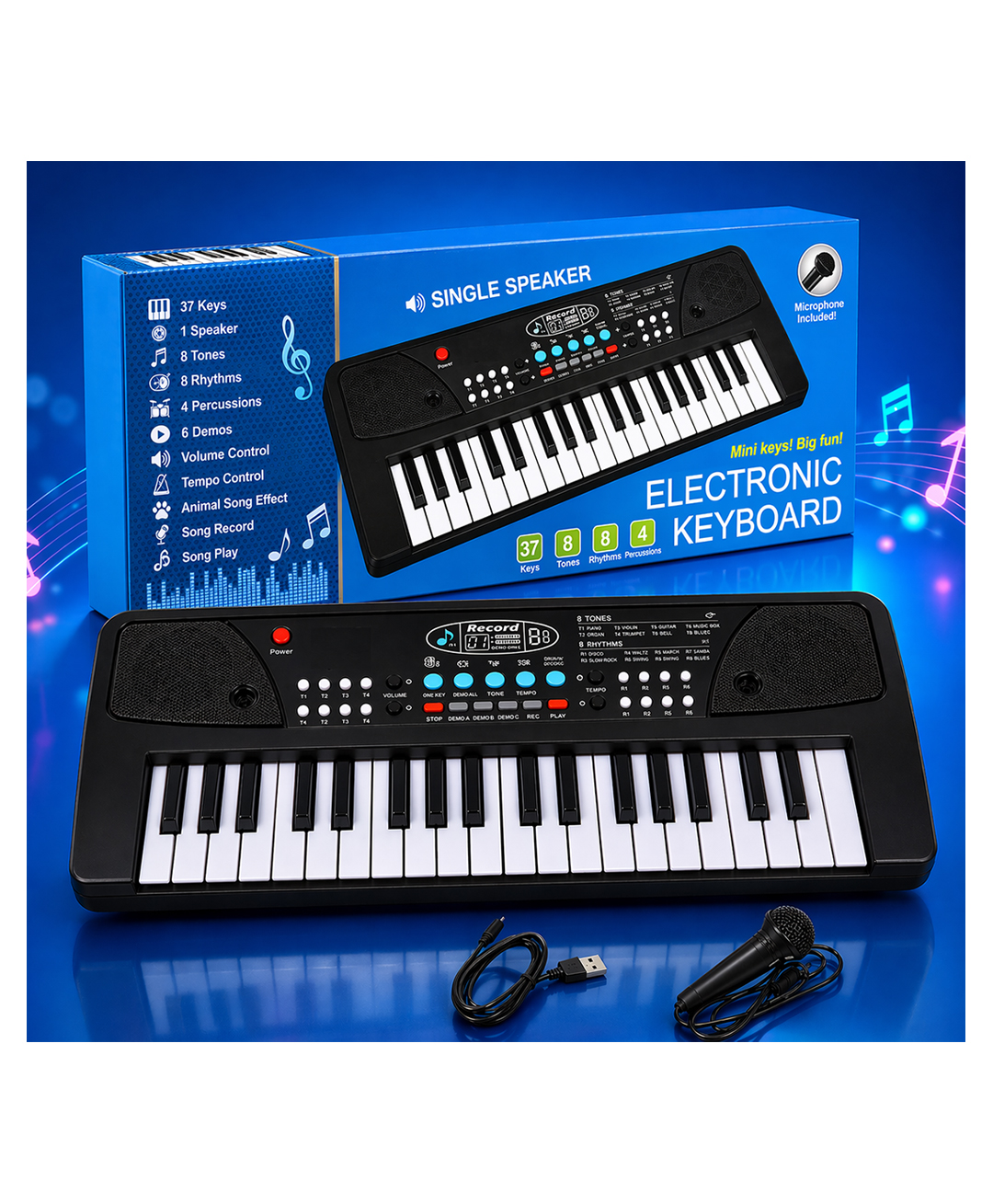 NHR Rechargeable Wireless Piano with Mic, 37 Keys Portable Musical Keyboard for Kids - Black-image-4