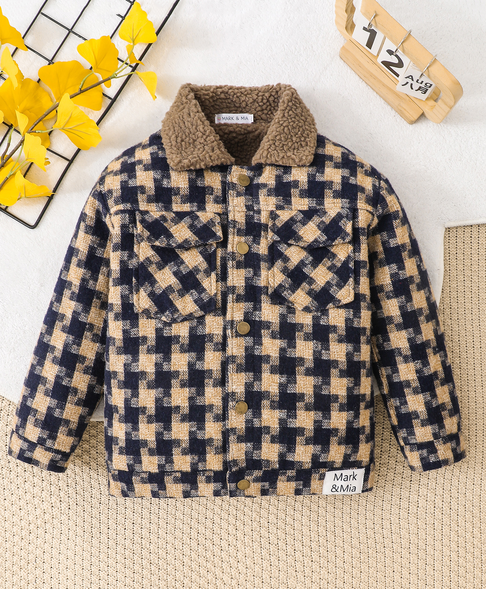 Mark & Mia Jacket with Full Sleeves and Checks Print - Navy Blue and Beige-image-8