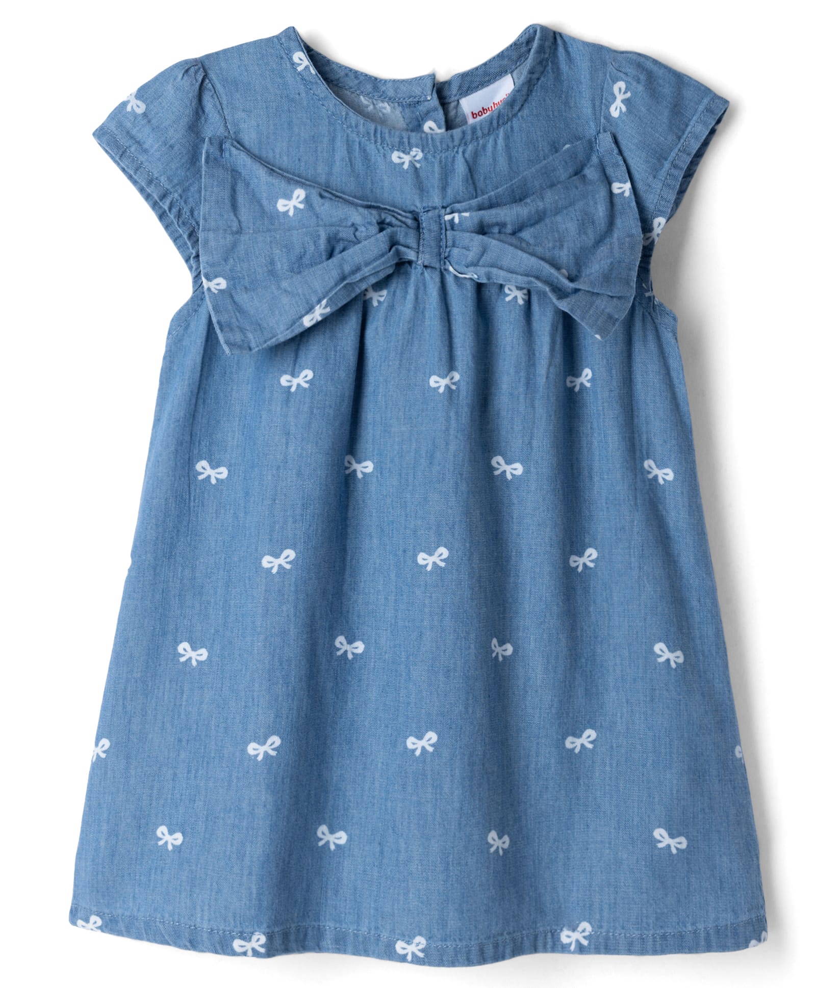 Babyhug Denim Woven Dress with Cap Sleeves and Bow Print - Blue-image-40