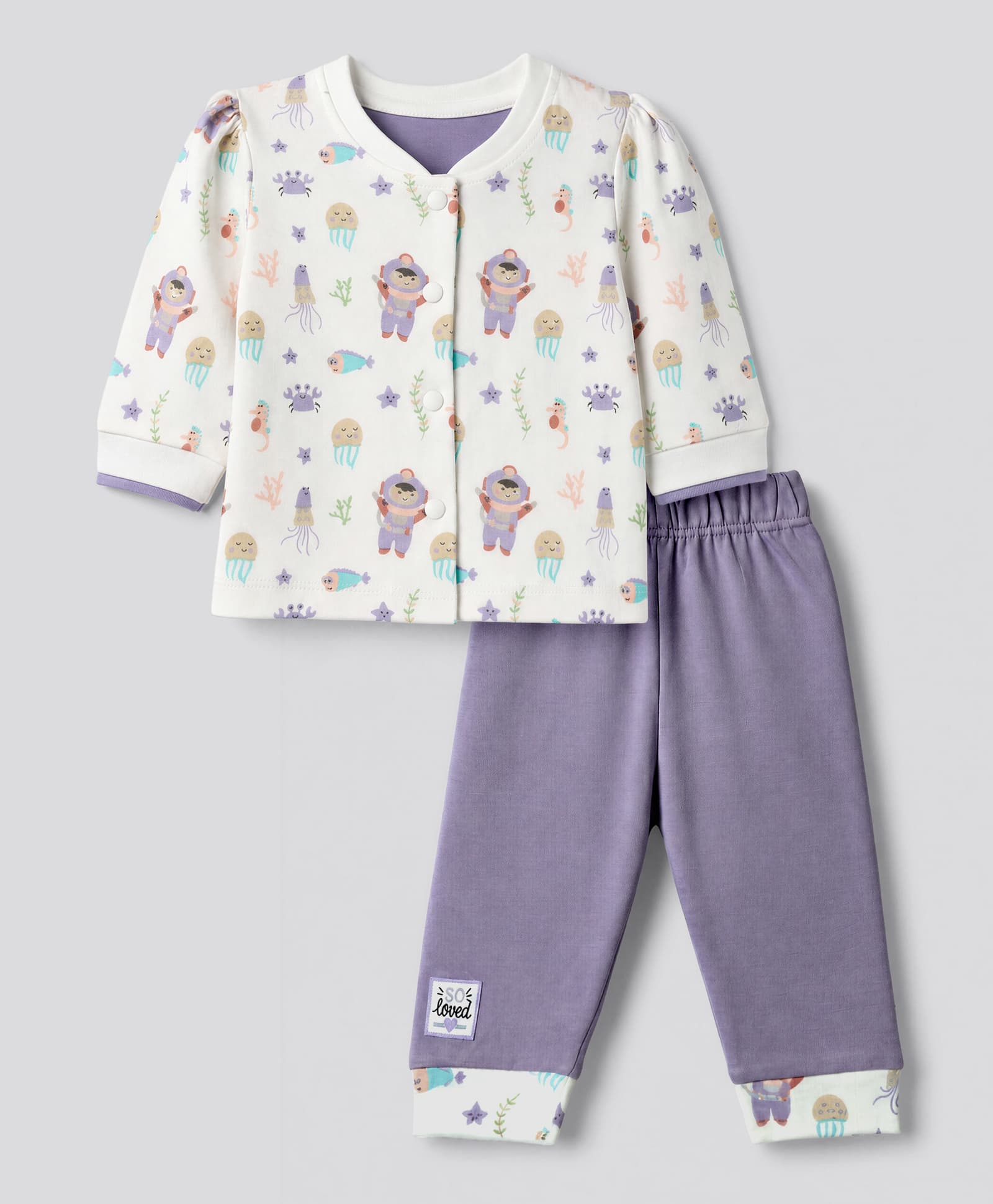 Orange Bubbles) Knit Full Sleeves T-Shirt & Pyjama Night Suit with Sea Animal & Diver Print - Purple-image-24