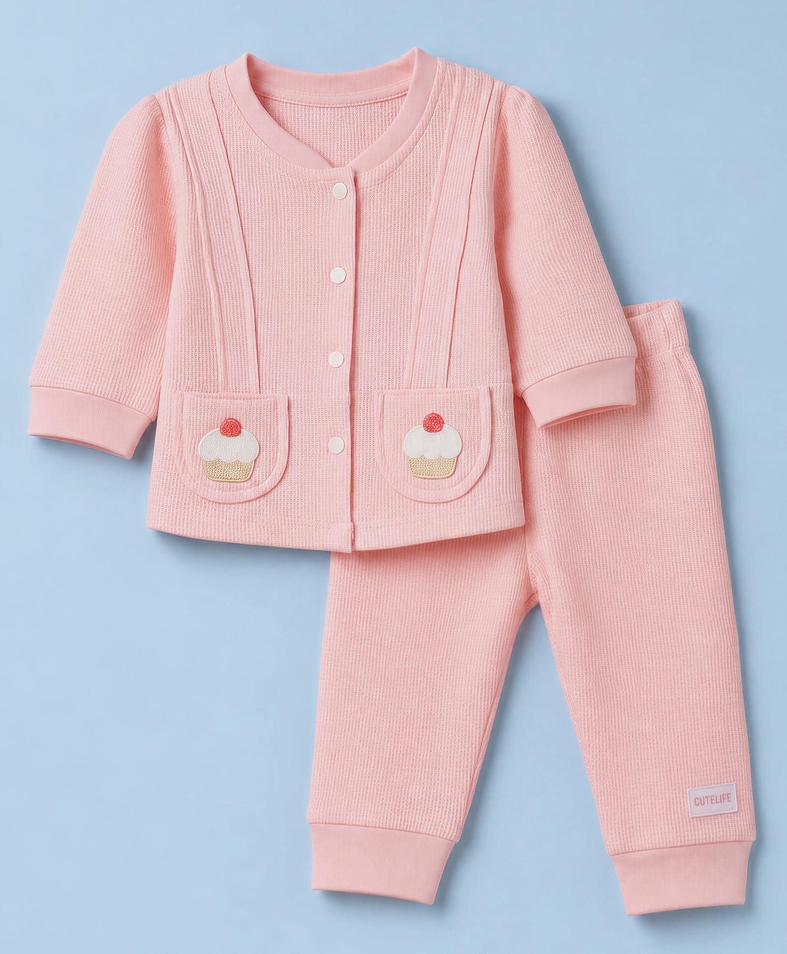 Orange Bubbles) Knit Full Sleeves T-Shirt & Pyjama Night Suit with Cup Cake Patch - Peach-image-25