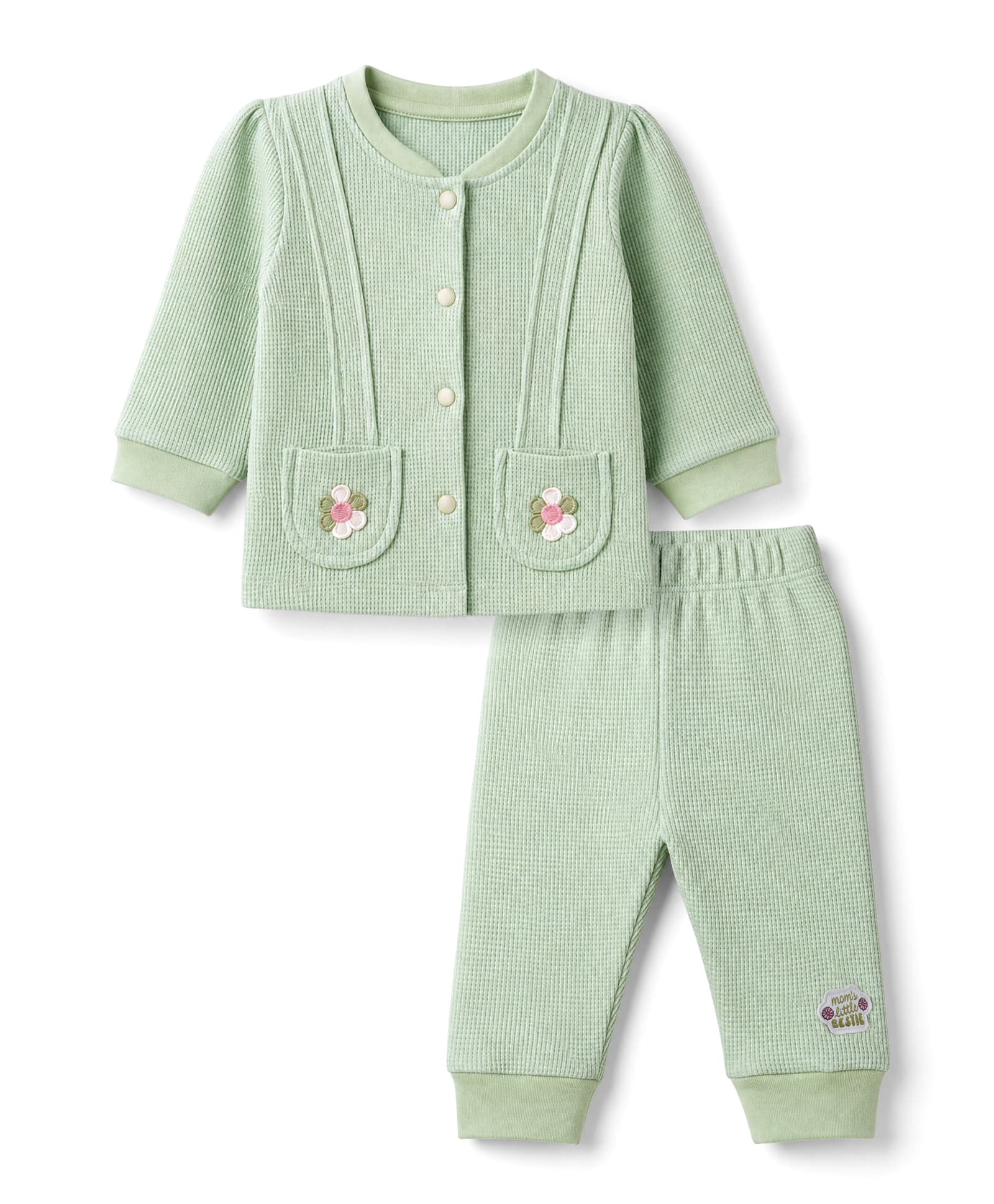 Orange Bubbles Knit Full Sleeves Shirt & Pyjama Night Suit with Floral Embroidery on Pocket - Green-image-47