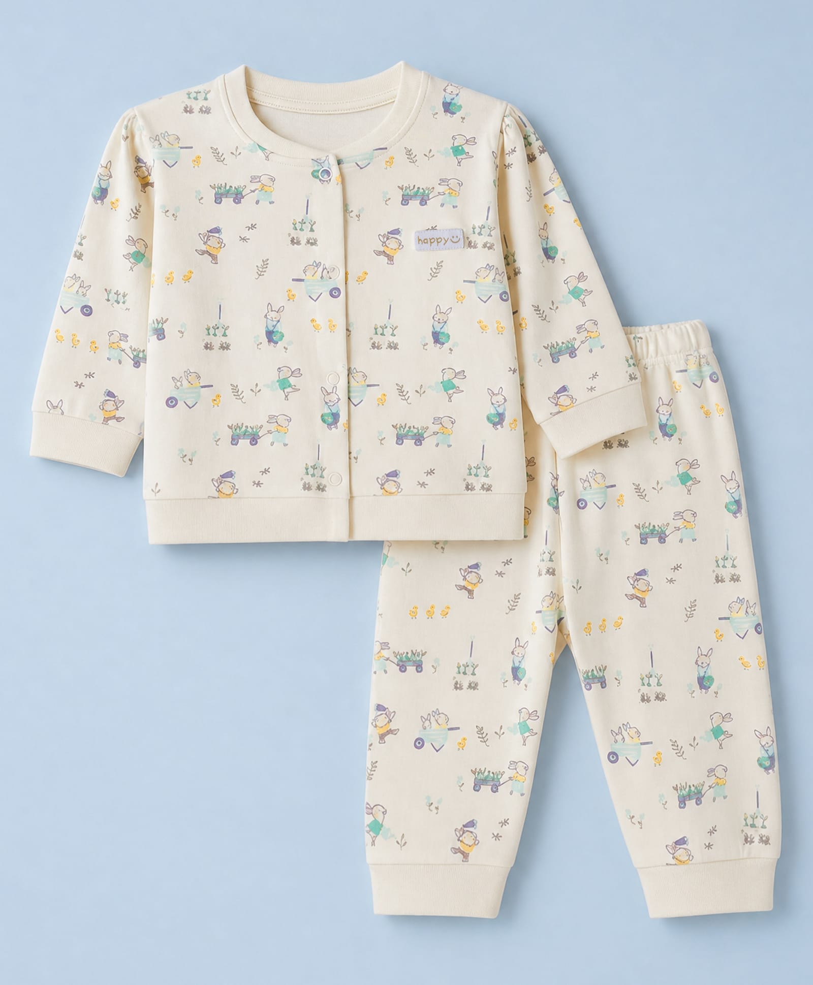 Orange Bubbles Knit Full Sleeves Co-Ords T- Shirt & Pyjama Night Suit with Animal Print - Cream-image-33