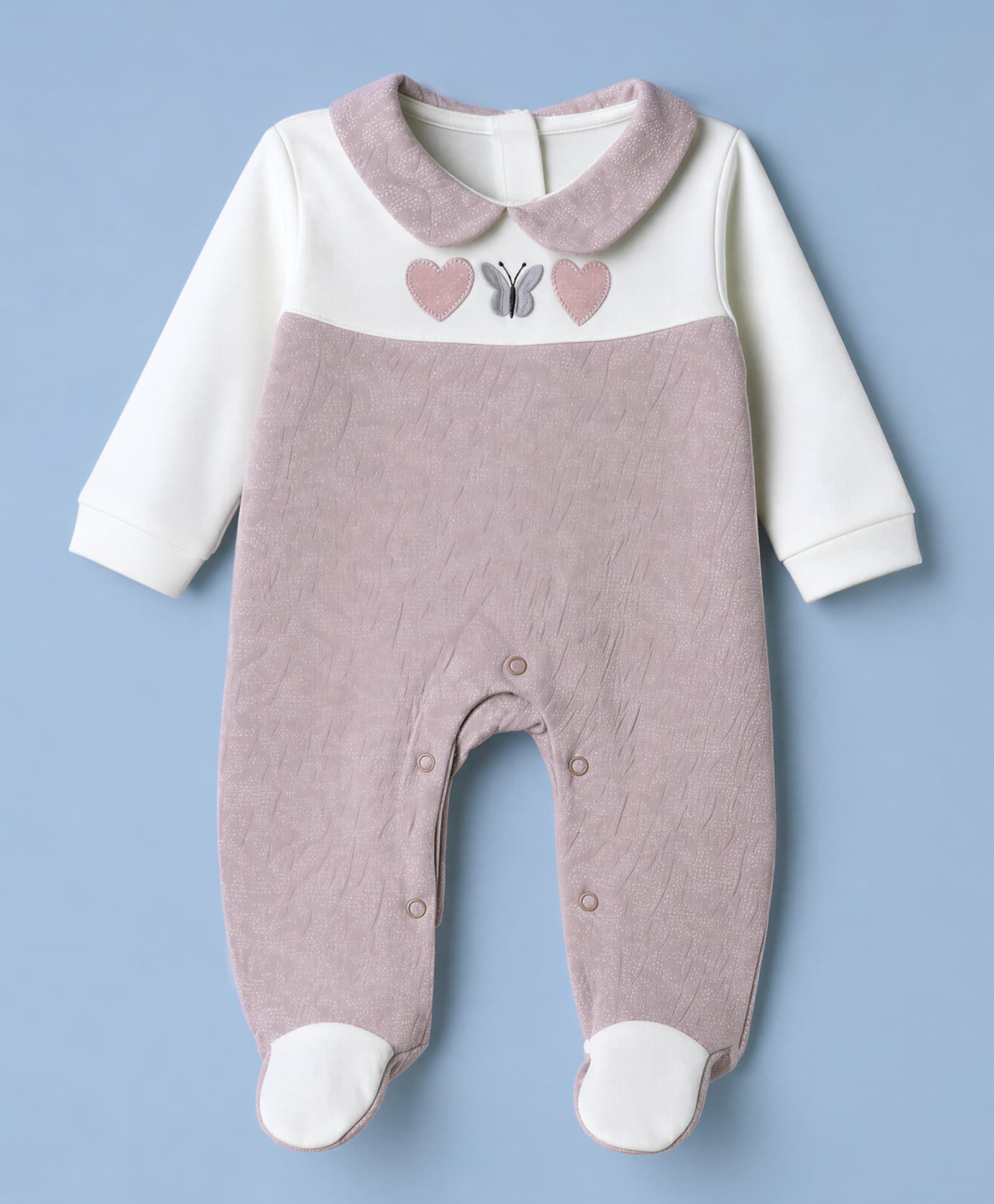 Orange Bubbles Jacquard Woven Full Sleeves Romper With Hearts & Butterfly Patch - Purple-image-38