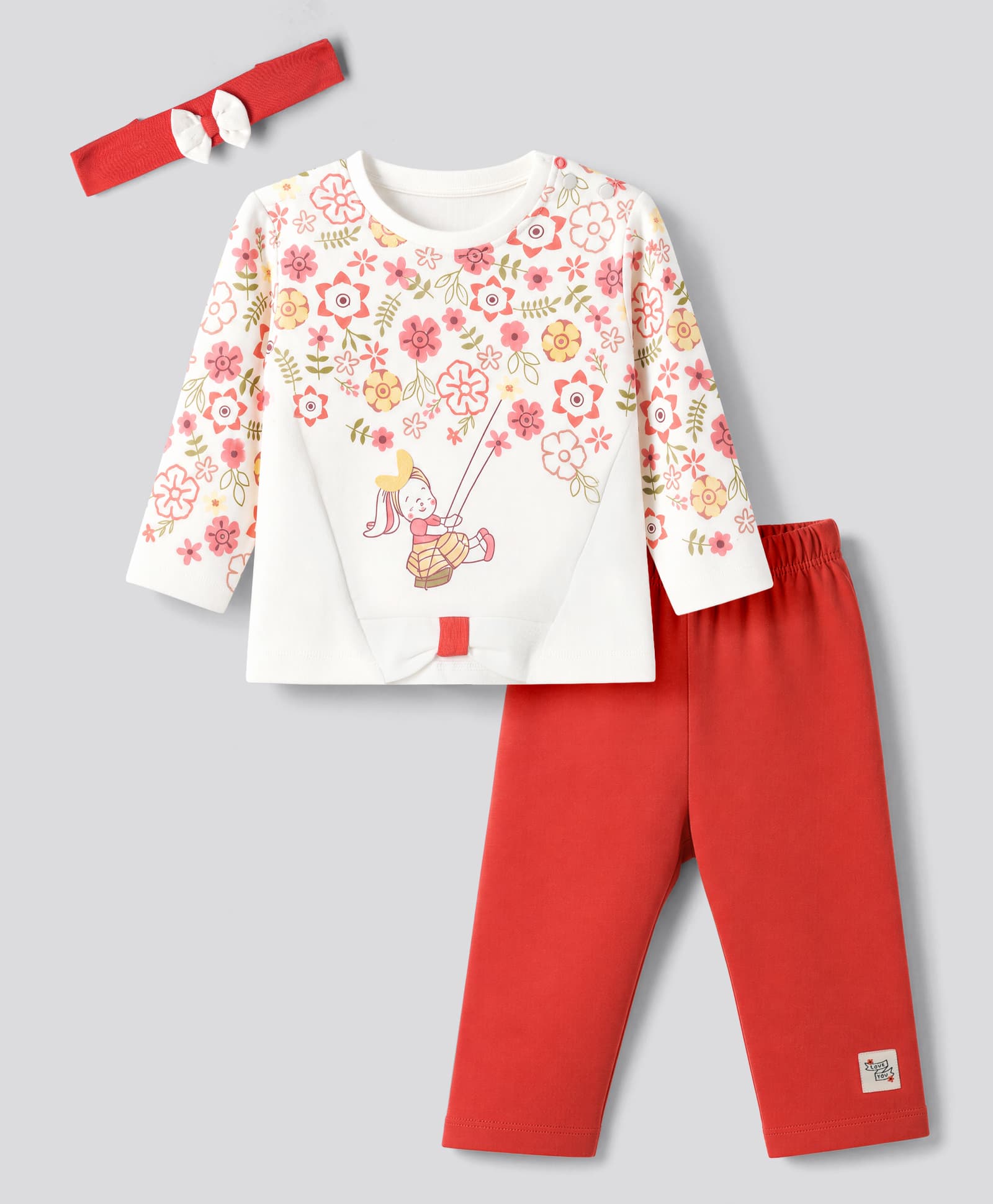 Orange Bubbles) Interlock Knit Full Sleeves Top & Pant Set With Floral Print & Headband - Red-image-29