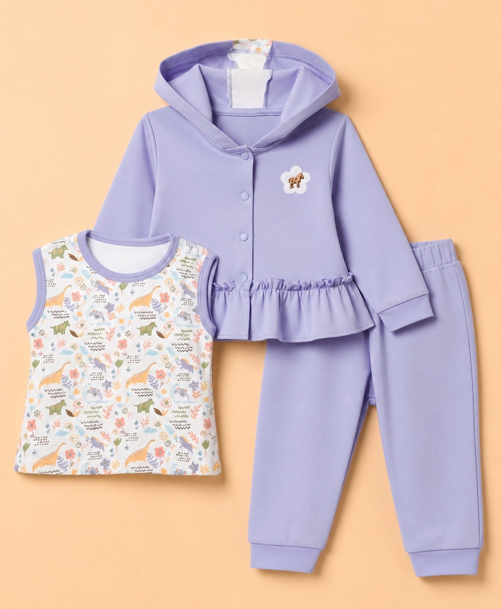 Orange Bubbles Interlock Knit Full Sleeves Hooded Horse Applique Top & Pant Set With Flower Printed Tank Top - Purple-picture-25
