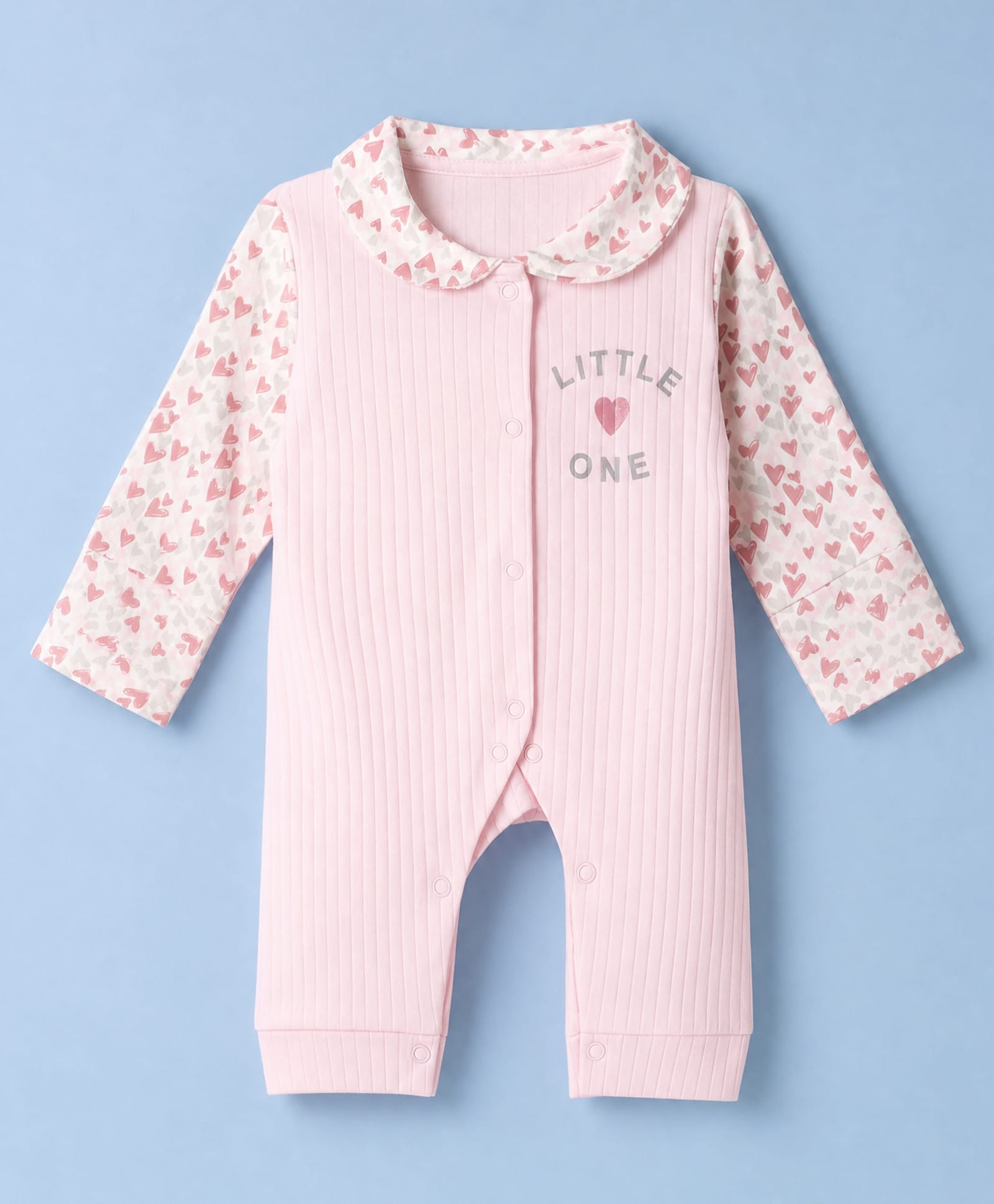 Orange Bubbles Interlock Woven Full Sleeves Rompers With Little One Text & Heart Print - Pink-image-13