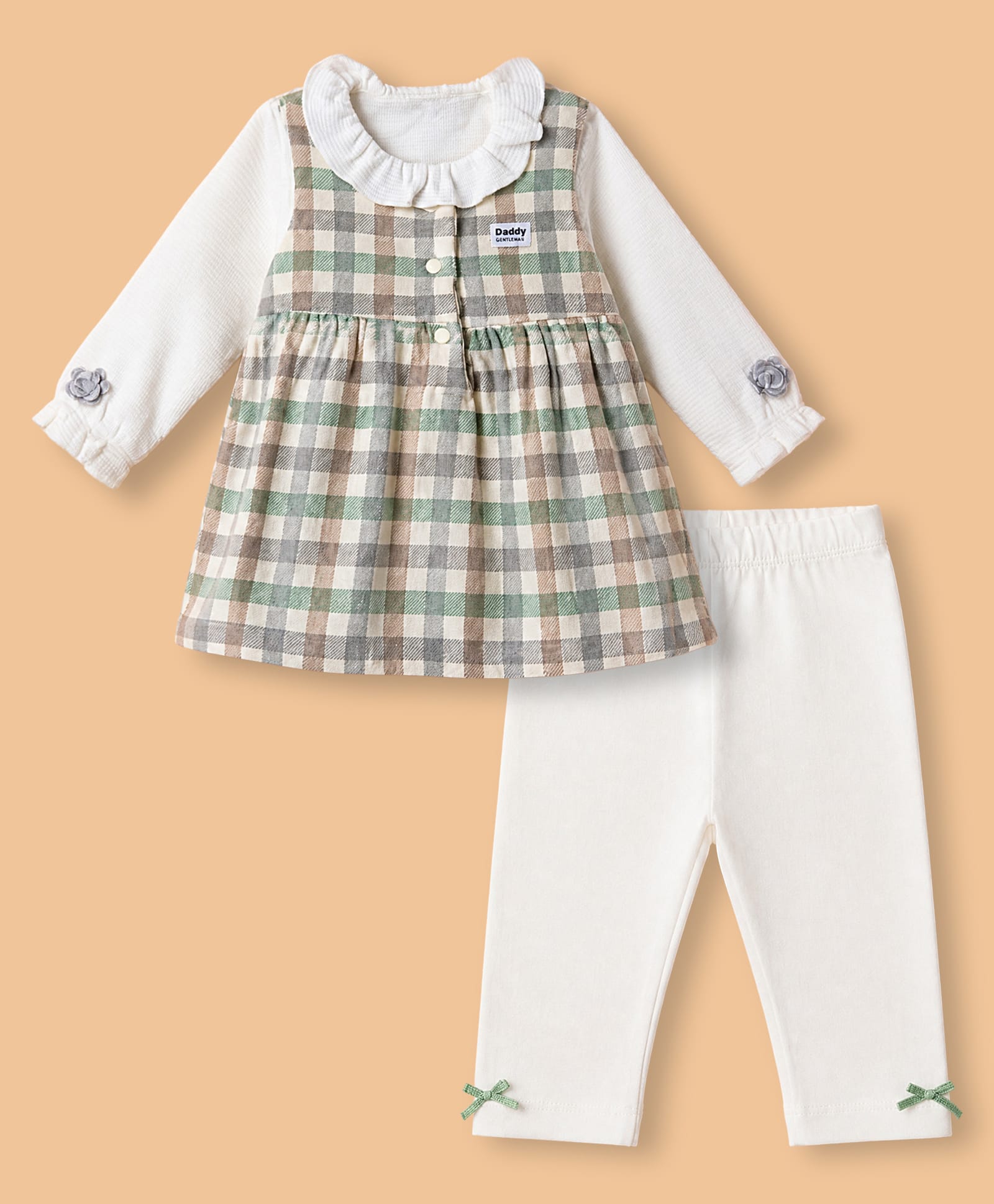 Orange Bubbles Jacquard Knit Full Sleeves Romper With Floral Embroidery - Green-image-32