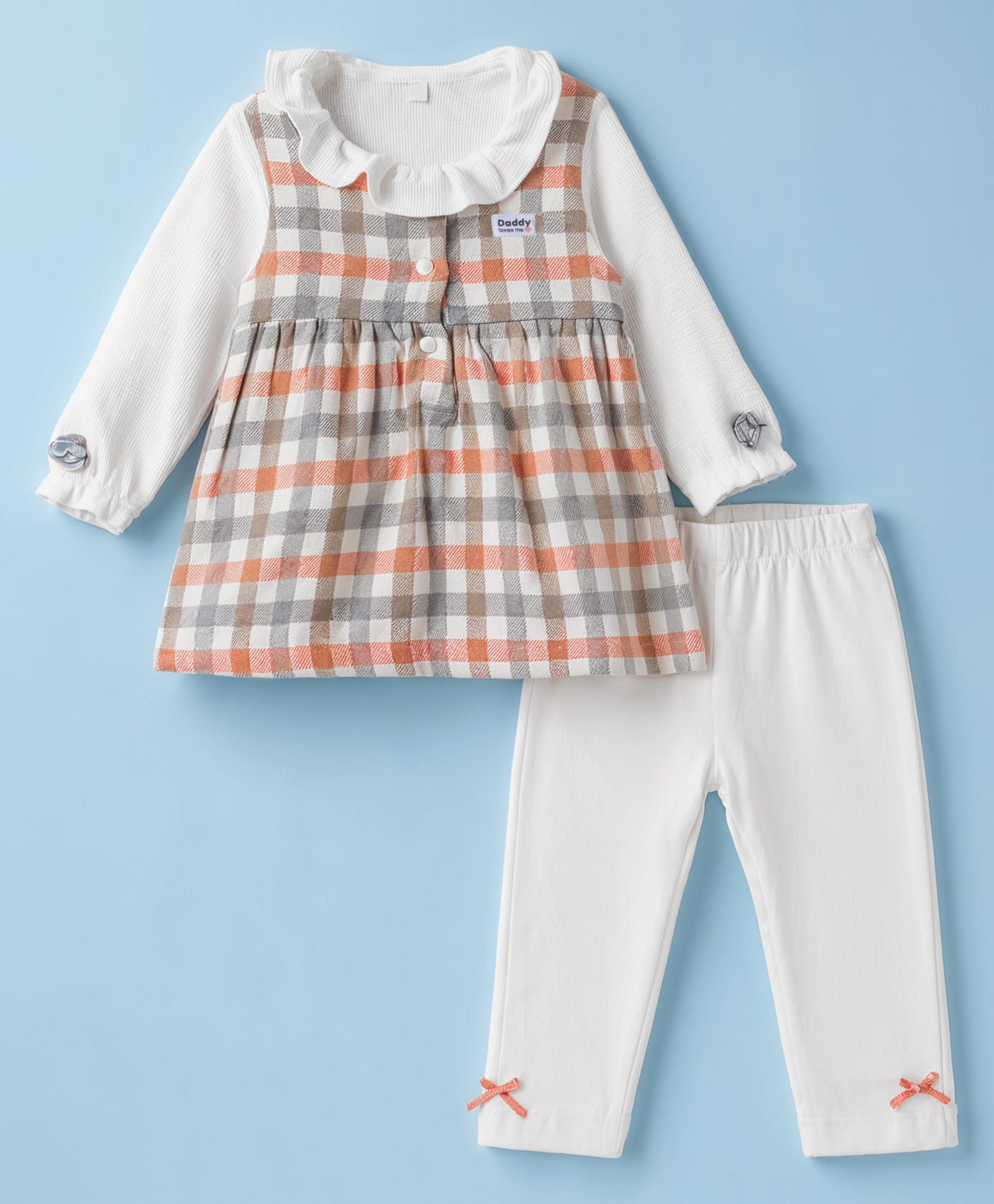 Orange Bubbles Cotton Knit Full Sleeves Check Top & Pants With Flower Applique - Orange-image-25