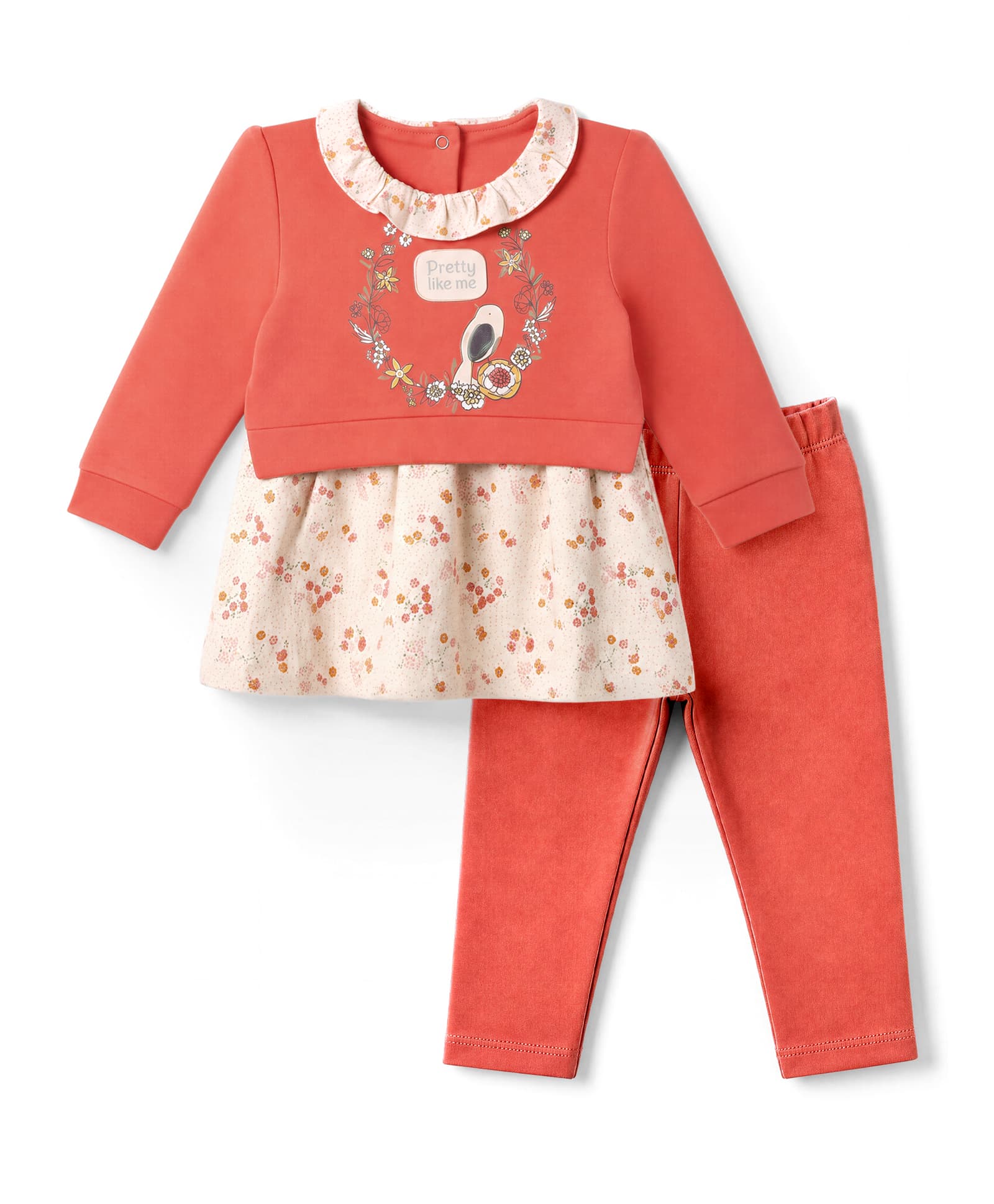 Orange Bubbles) Interlock Knit Full Sleeves Top & Pant Set With Floral & Pretty Like Me Text Print - Red-image-14
