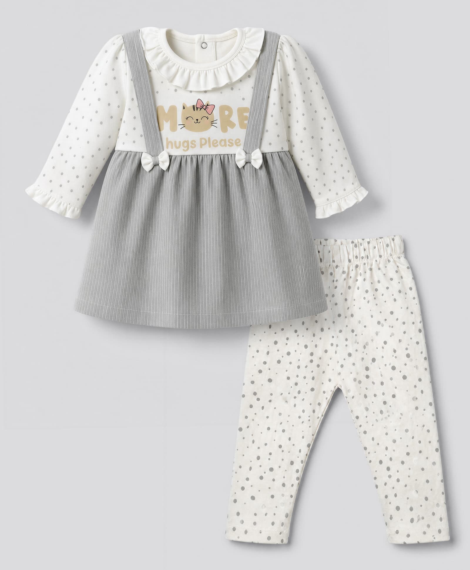 Orange Bubbles) Cotton Knit Full Sleeves Top & Pant Set With More Hug Please Text Print & Polka Dots - Grey-image-39