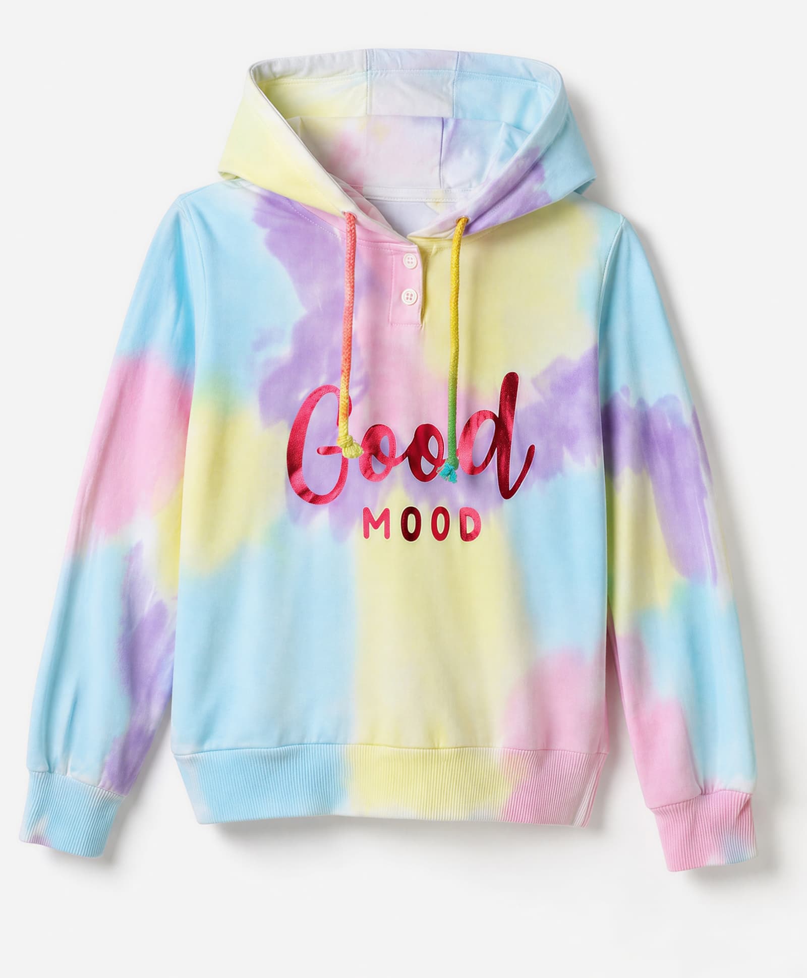Pine Kids Cotton Knit Hooded Sweatshirt With Full Sleeves and Good Mood Text Print - Light Blue-picture-17