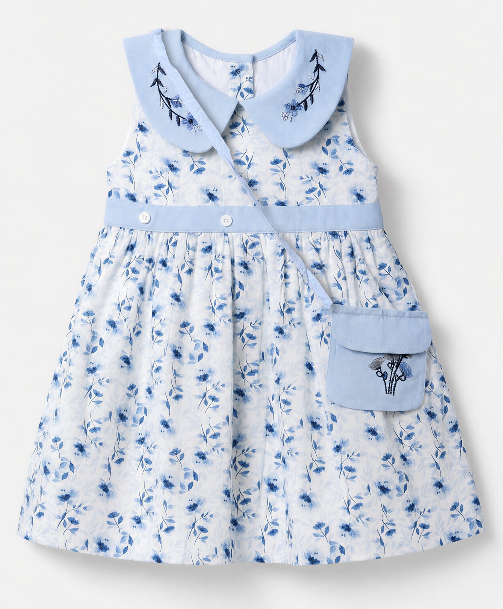 Babyhug Poplin Woven Dress and Purse with Sleeveless and Floral Print - White-image-22