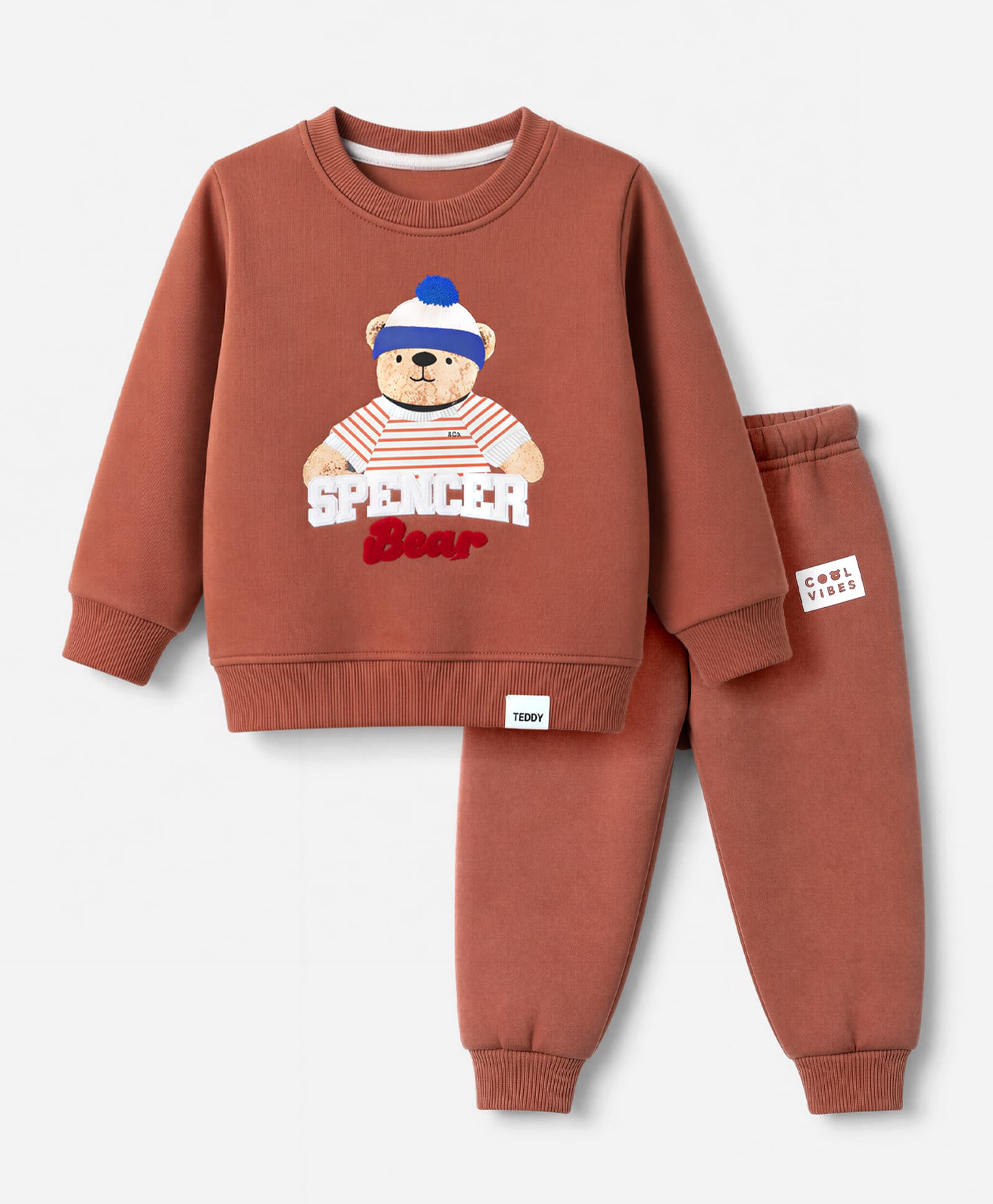 Teddy Fleece Knit Full Sleeves Winter Wear Suits With Teddy Bear Print - Brown-picture-15