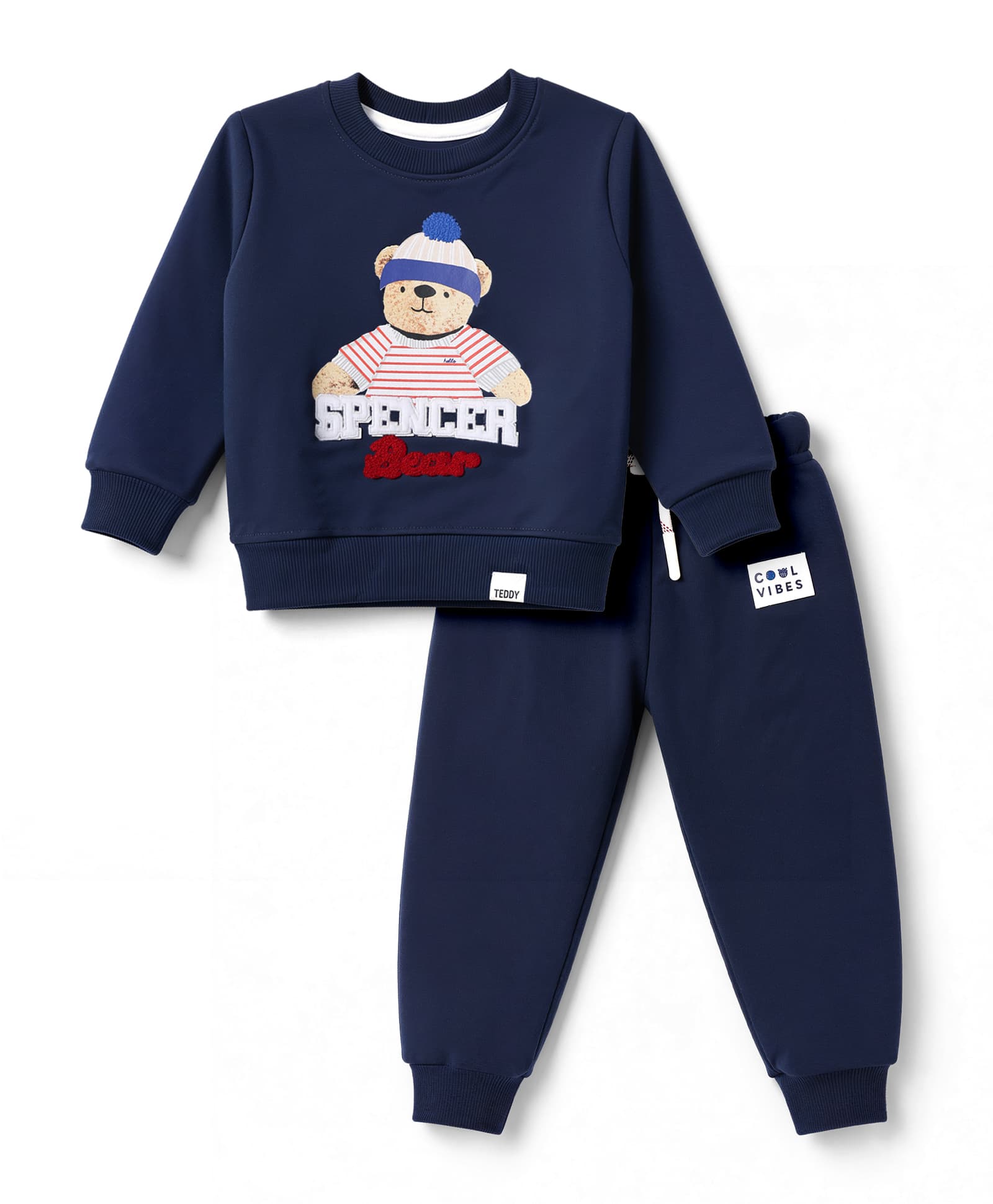 Teddy Fleece Knit Full Sleeves Winter Wear Suits With Teddy Bear Print - Navy-picture-8