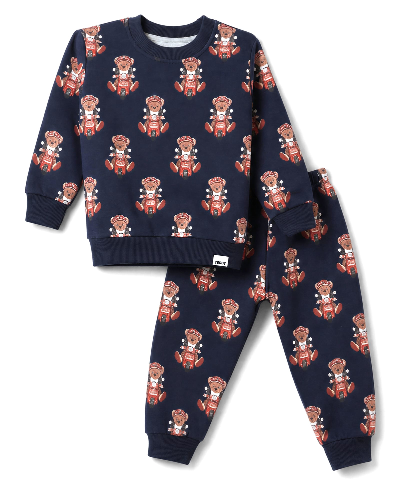 Teddy Fleece Knit Full Sleeves Co-Ords T-Shirt & Pyjama Winter Wear Night Suit with Bear Print - Navy Blue-picture-22