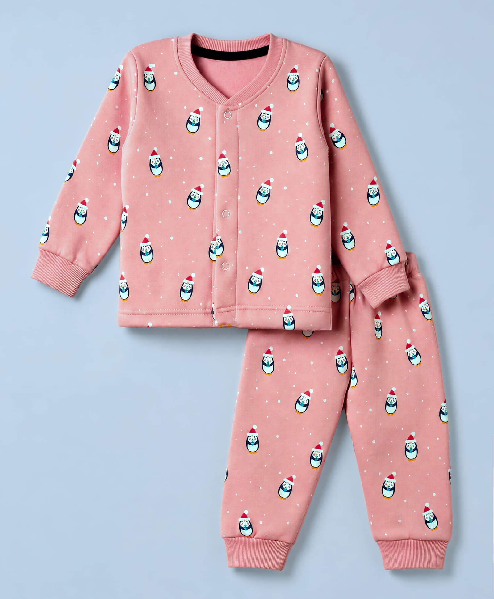 Teddy Fleece Knit Full Sleeves Co-Ords T-Shirt & Pyjama Winter Wear Night Suit with Penguin Print - Pink-picture-45