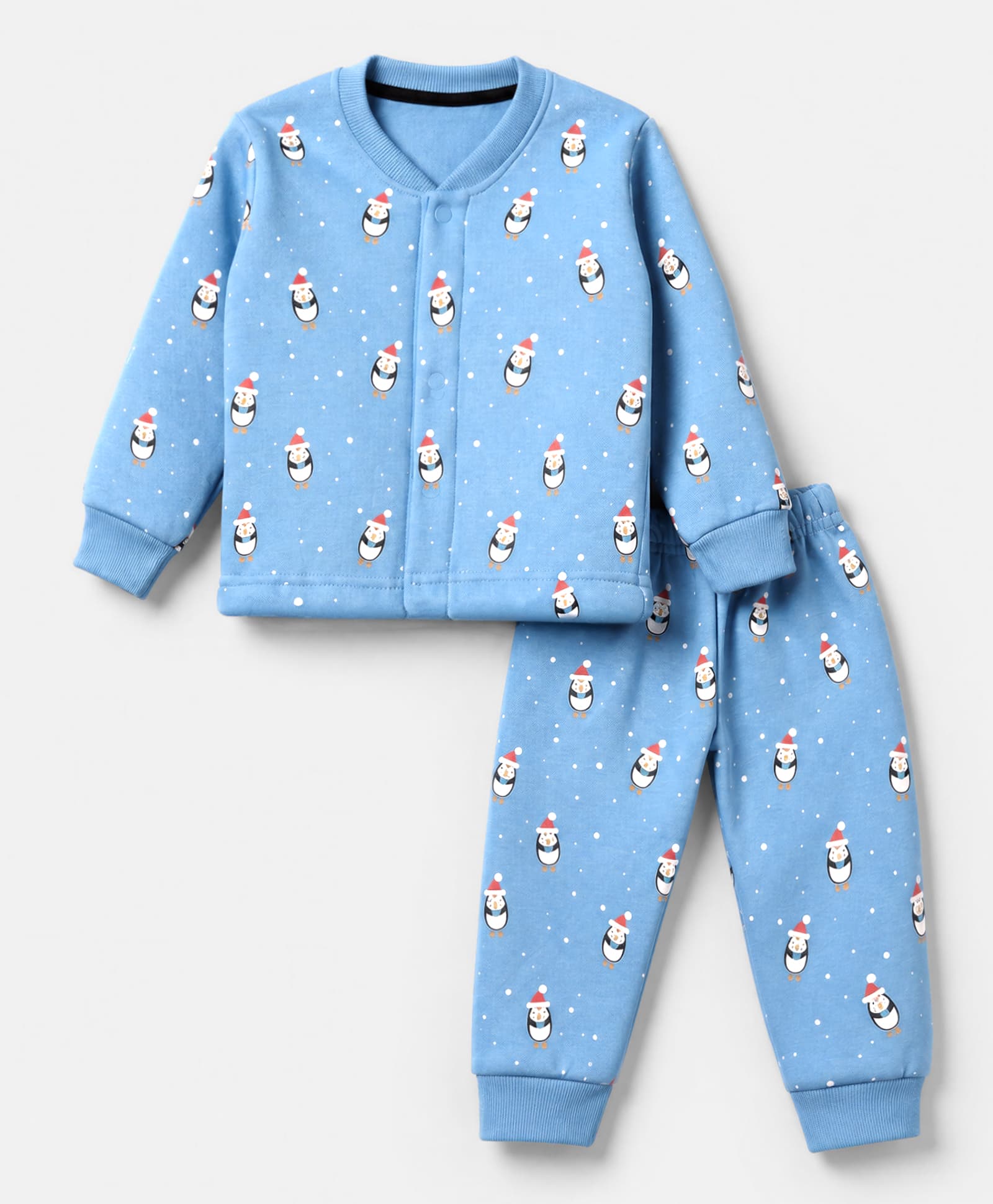 Teddy Fleece Knit Full Sleeves Co-Ords T-Shirt & Pyjama Winter Wear Night Suit with Penguin Print - Royal Blue-picture-19