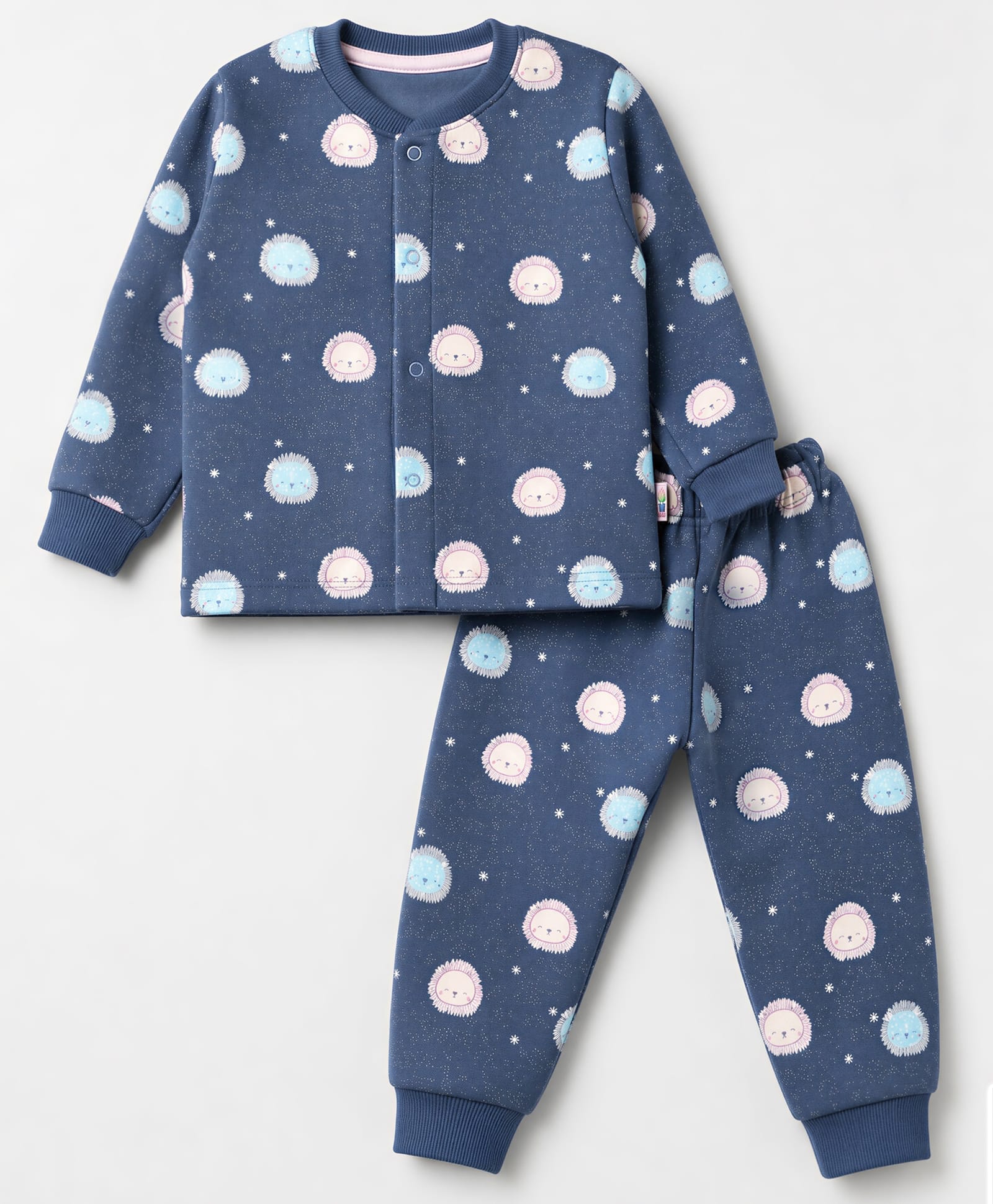 Teddy Fleece Knit Full Sleeves Co-Ords T-Shirt & Pyjama Winter Wear Night Suit with Bear Print - Blue-picture-29