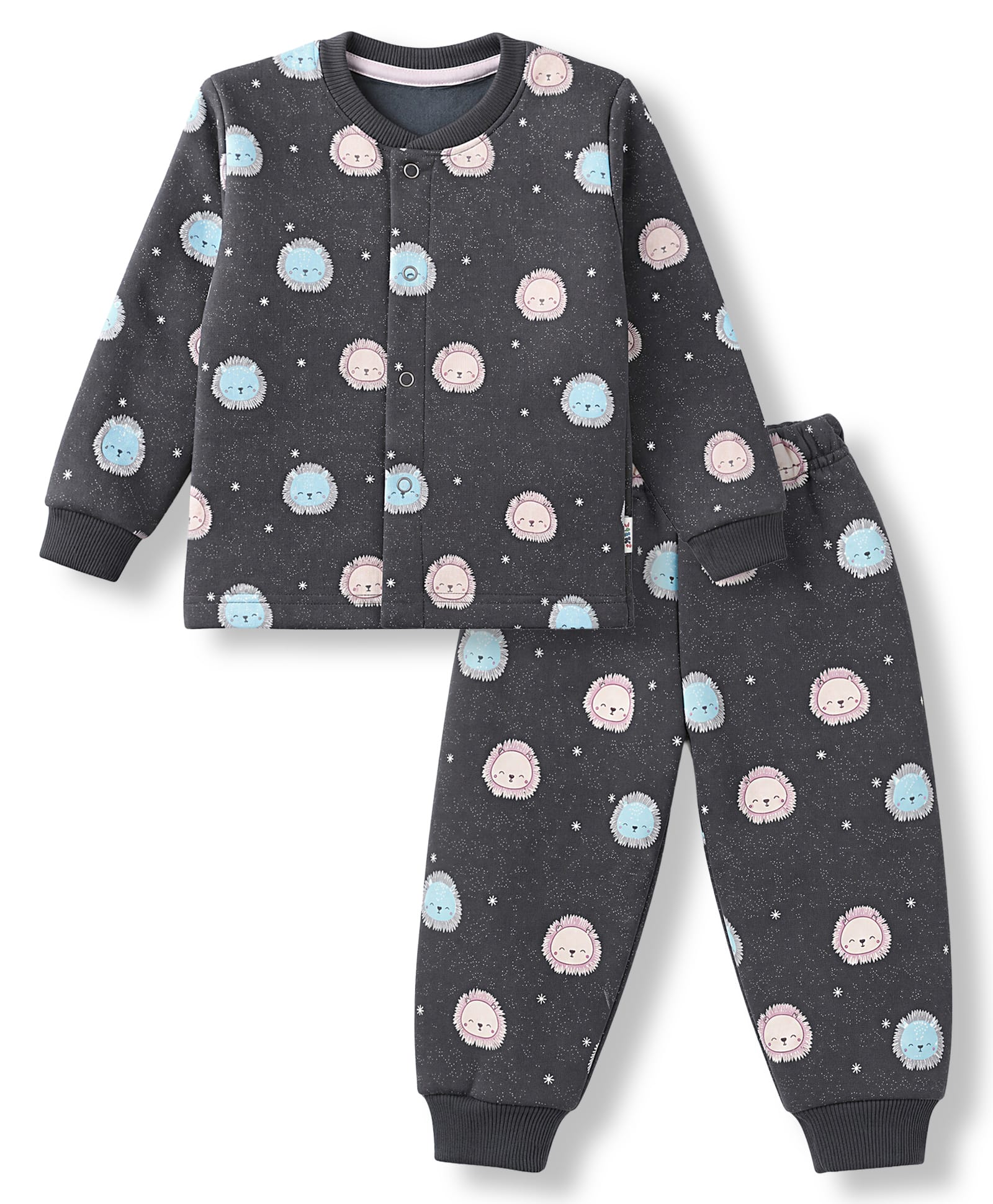 Teddy Fleece Knit Full Sleeves Co-Ords T-Shirt & Pyjama Winter Wear Night Suit with Bear Print - Grey-picture-1