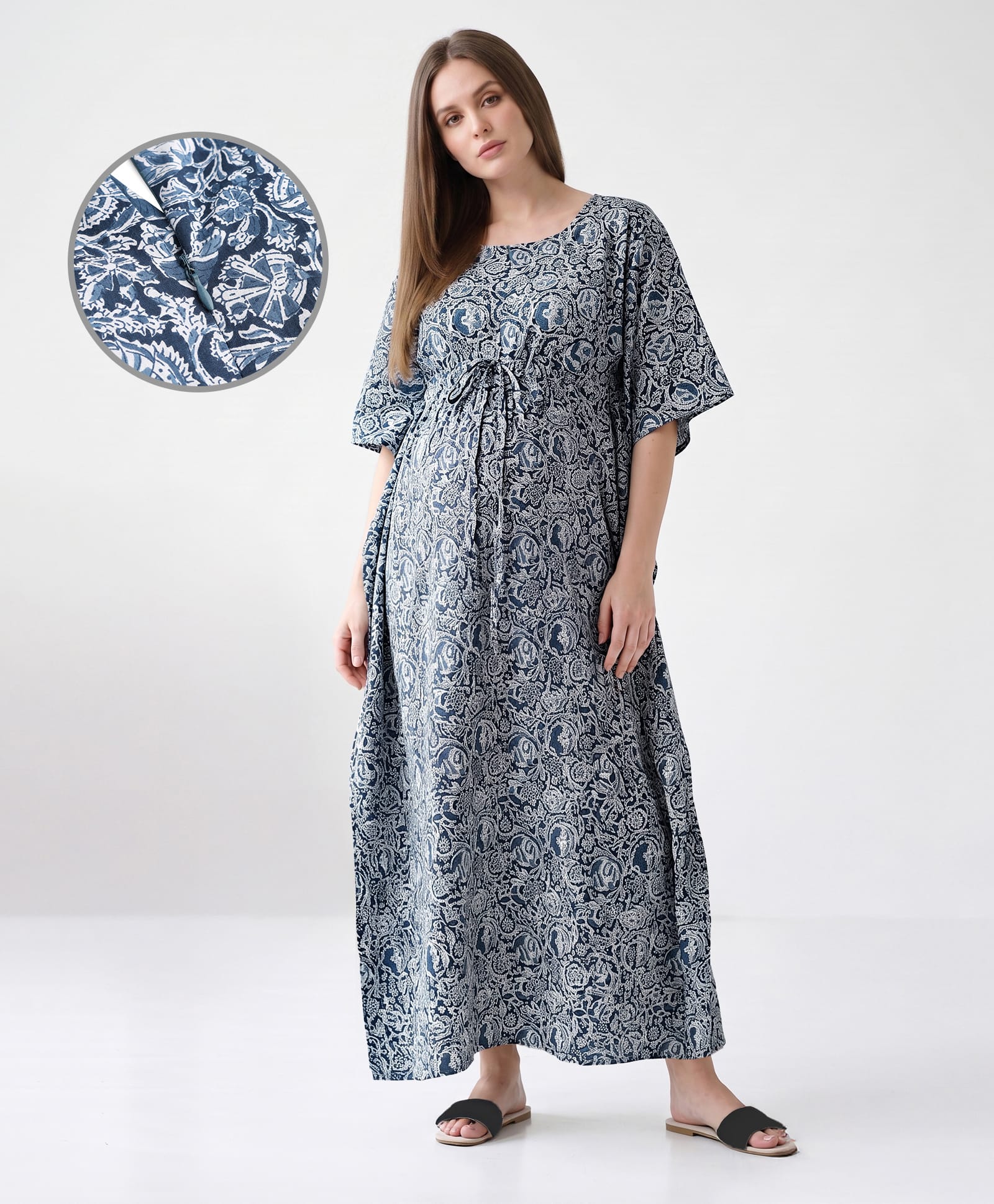 Bella Mama Cotton Woven Half Sleeves Kaftan Style Maternity Nighty Floral Print - Blue-picture-12