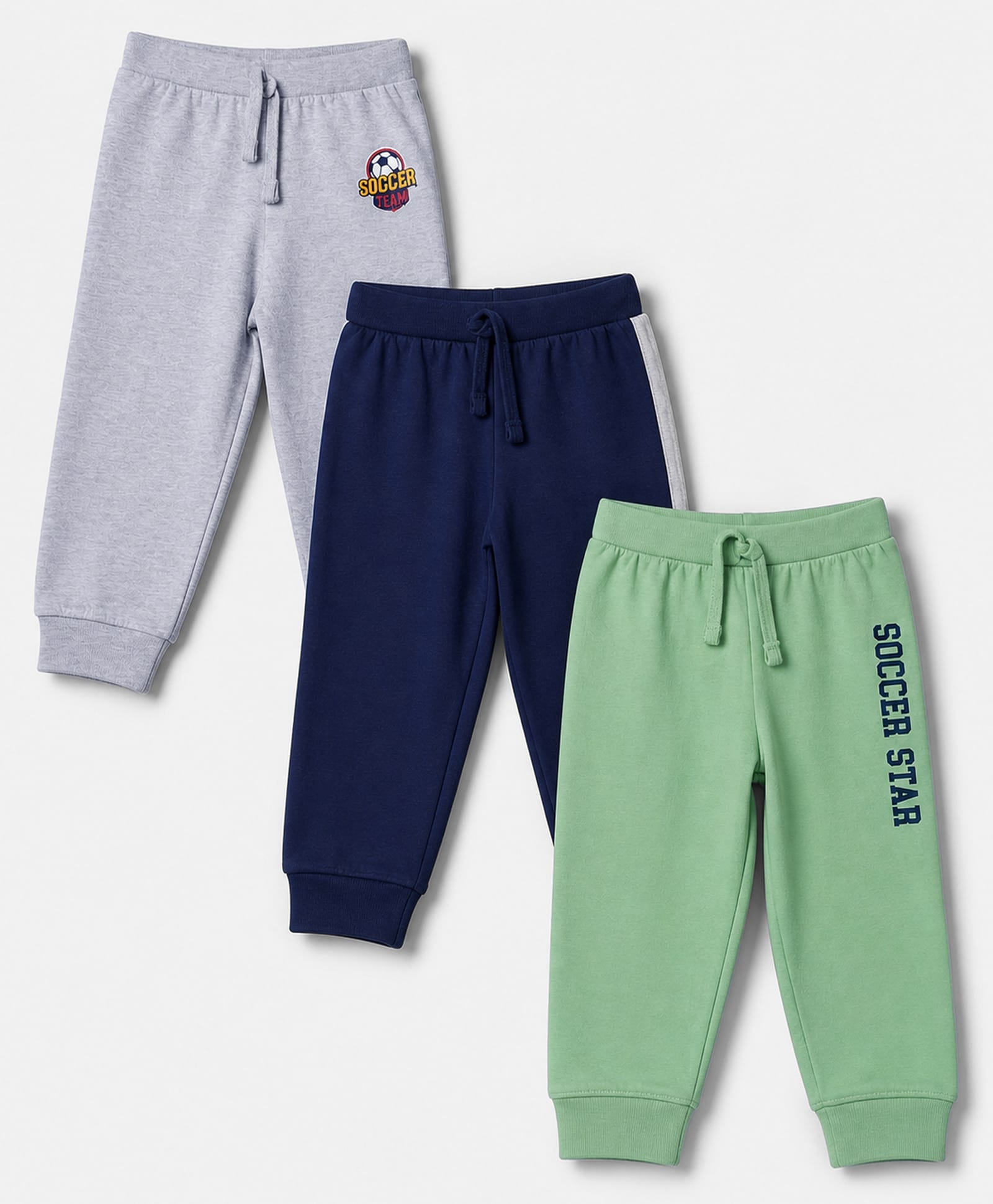 Babyhug Cotton Looper Knit Full Length Joggers With Soccer Star Text Print - Grey, Navy Blue & Olive Green-image-17