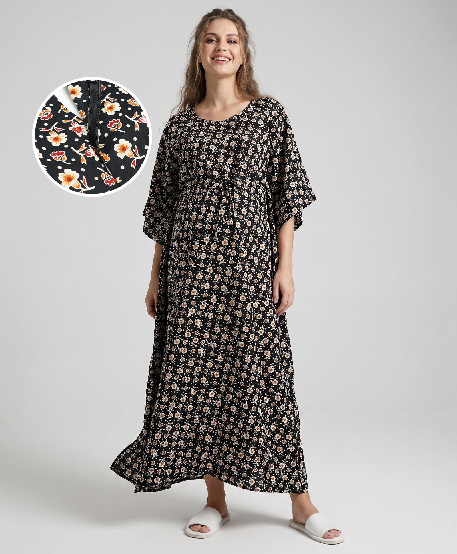 Bella Mama Cotton Woven Half Sleeves Floral Printed Maternity Nursing Kaftan - Brown-image-22