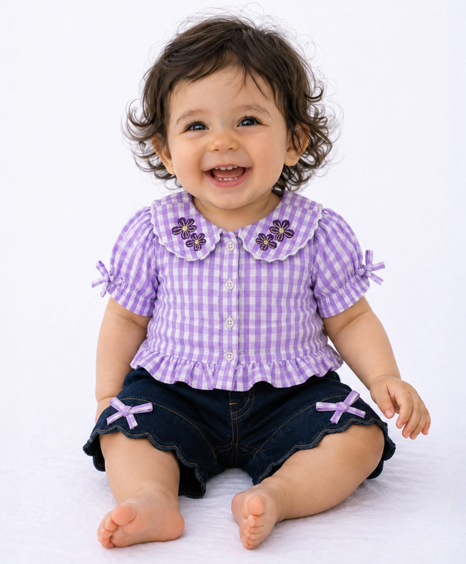 PURPLE UNITED KIDS Cotton Woven Half Puffed Sleeves Gingham Checked & Floral Embroidered Top & Short Set - Lavender-picture-37
