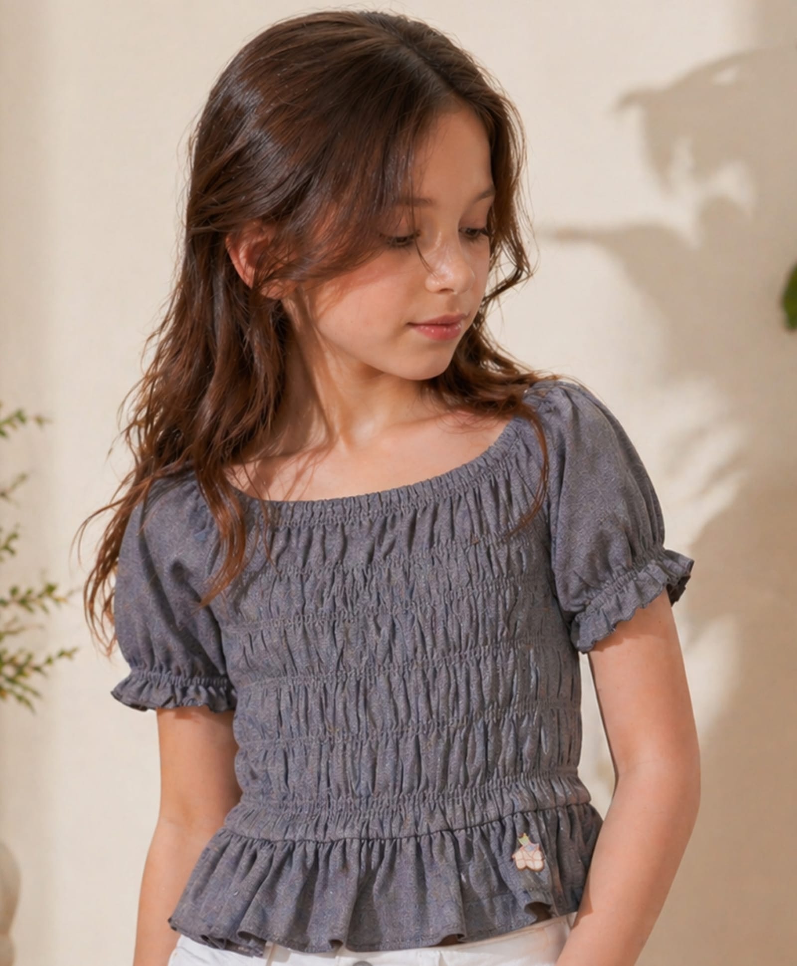 PURPLE UNITED KIDS Cotton Woven Half Puffed Sleeves Smocked Top - Grey-picture-33