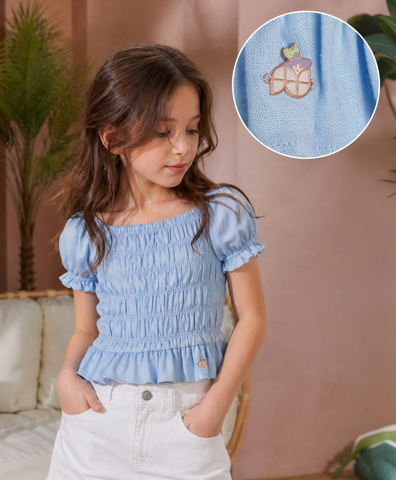 PURPLE UNITED KIDS Cotton Woven Half Puffed Sleeves Smocked Top - Sky Blue-picture-34