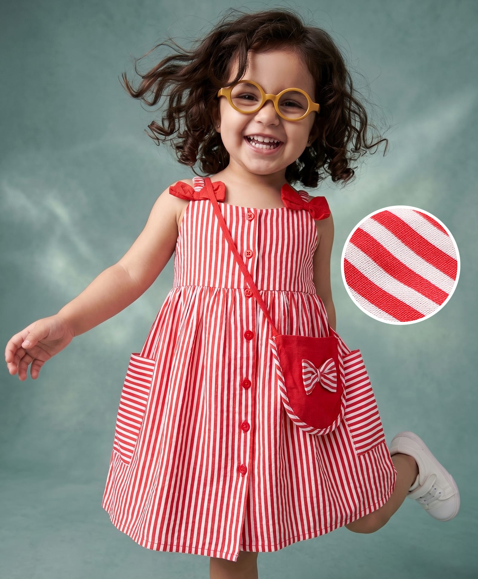 Babyhug Woven One Piece Dress and Purse with Sleeveless and Striped Print - Red-image-35