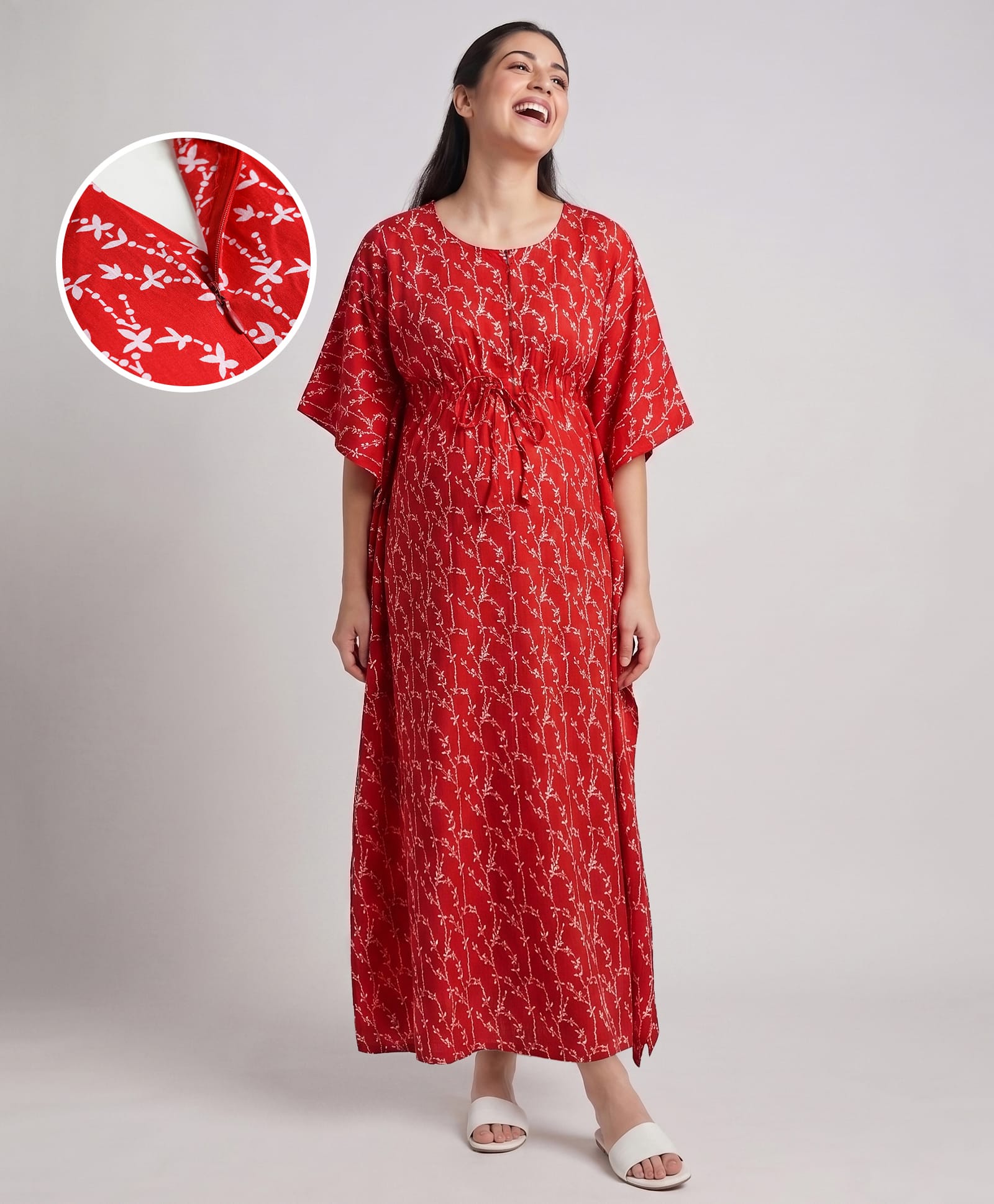 Bella Mama Cotton Woven Half Sleeves Floral Printed Maternity Nursing Kaftan - Red-image-40
