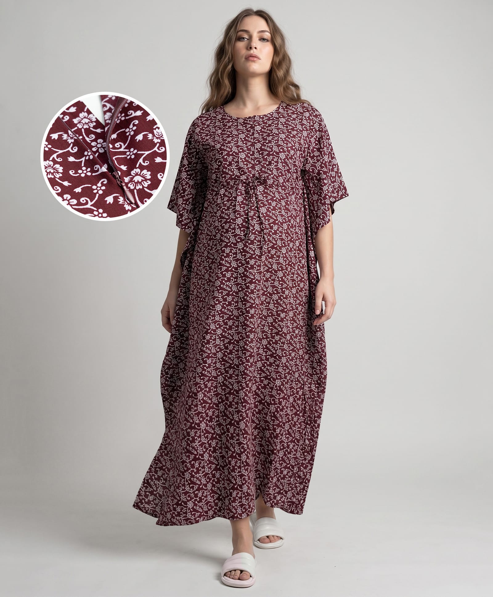 Bella Mama Cotton Woven Half Sleeves Floral Printed Maternity Nursing Kaftan - Brown-image-33