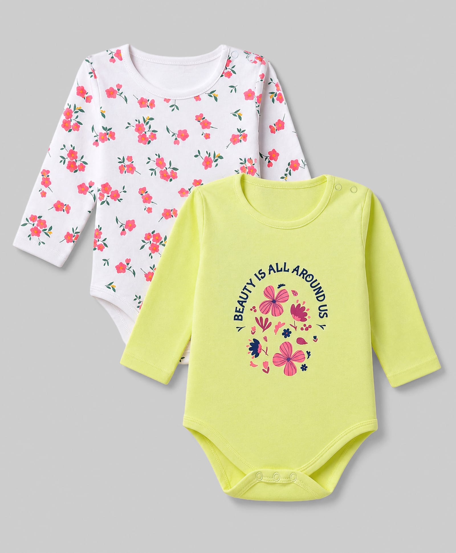 Doodle Poodle 100% Cotton Interlock Knit Full Sleeves Onesies With Floral & Text Print Pack of 2 - White & Yellow-picture-24