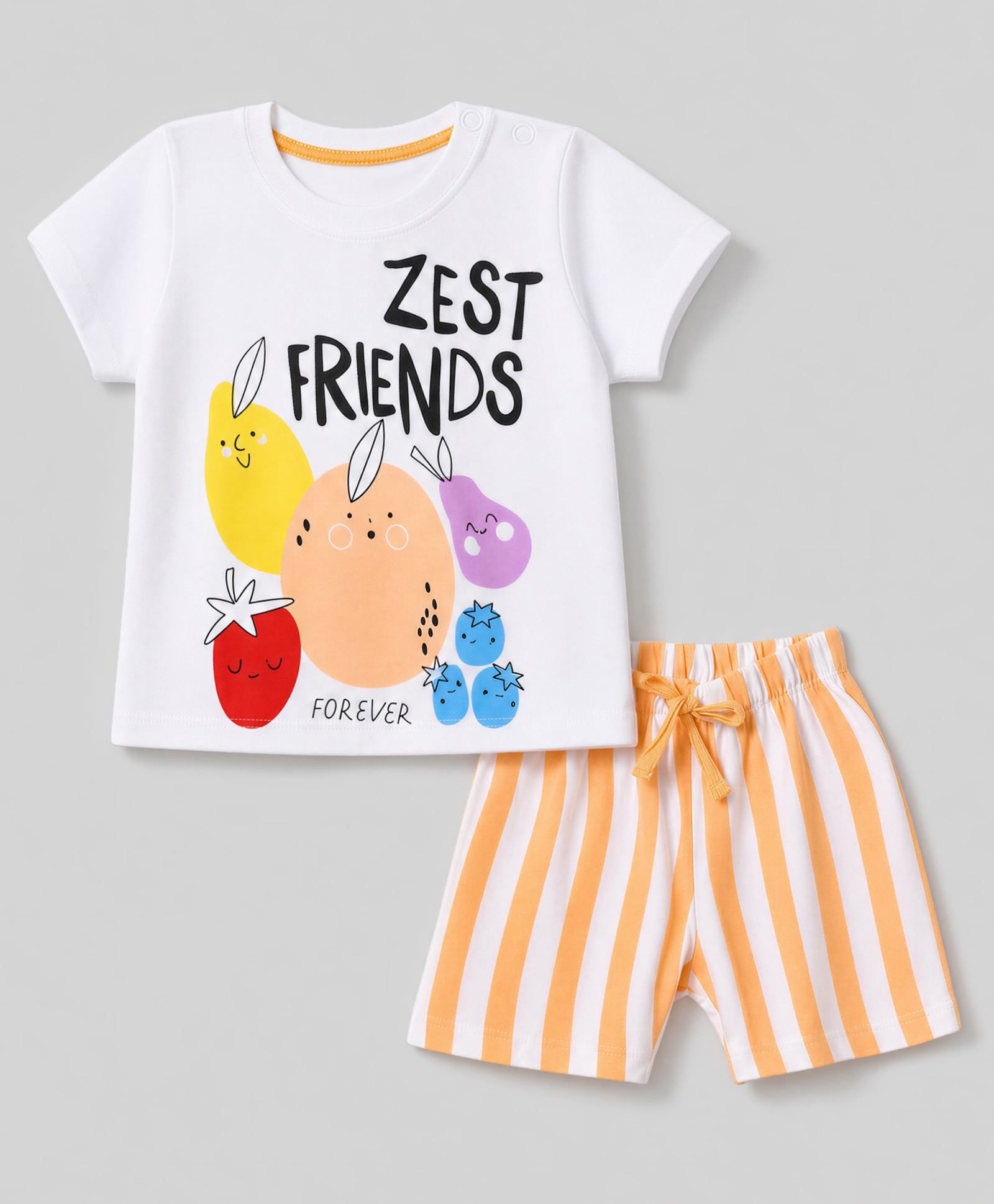 Kookie Kids Single Jersey Knit Half Sleeves T-Shirt & Striped Shorts Night Suit with Vegetable Print - White-image-41
