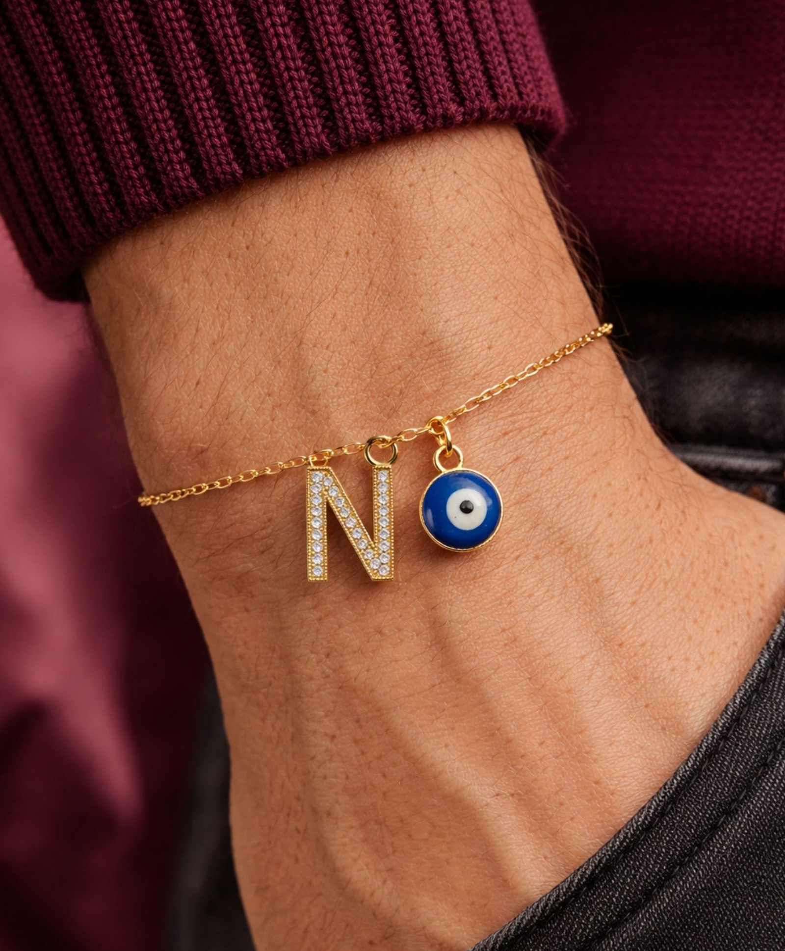 Digital Dress Room N Alphabet Initial Name Rakhi Bracelet American Diamond Evil Eye Gold Gift for Bhai Bhaiya Bro-image-4