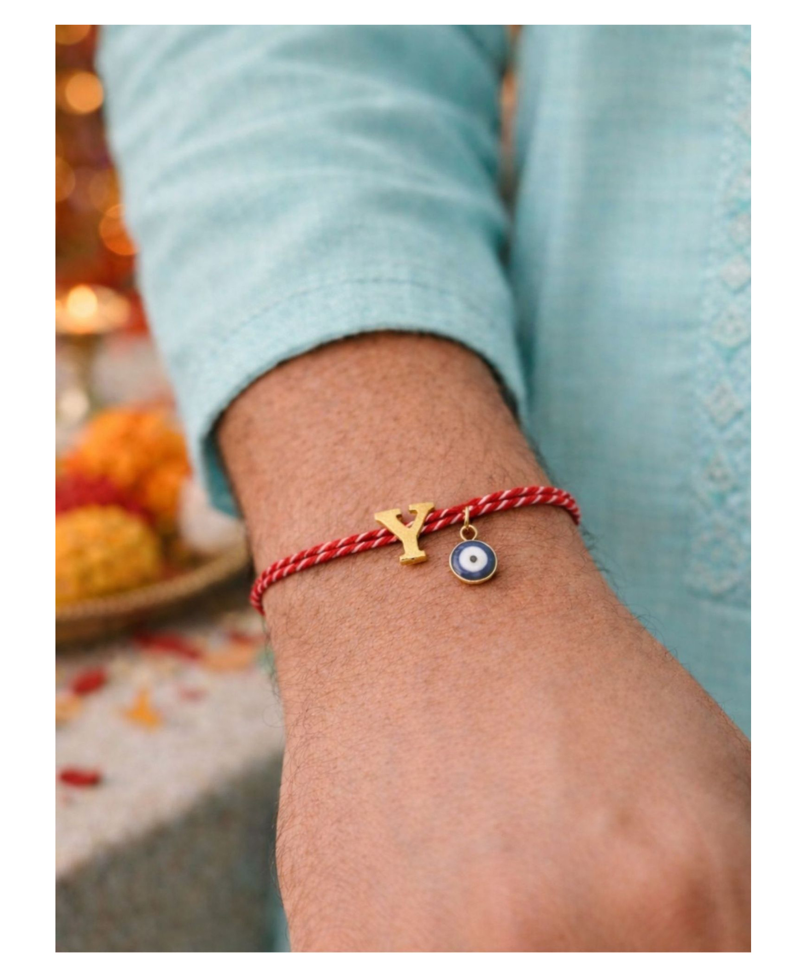 Digital Dress Room Y Letter Blue Evil Eye Initial Name Rakhi Bracelet Thread Gold Plated for Bhai Bhaiya Bro-picture-21