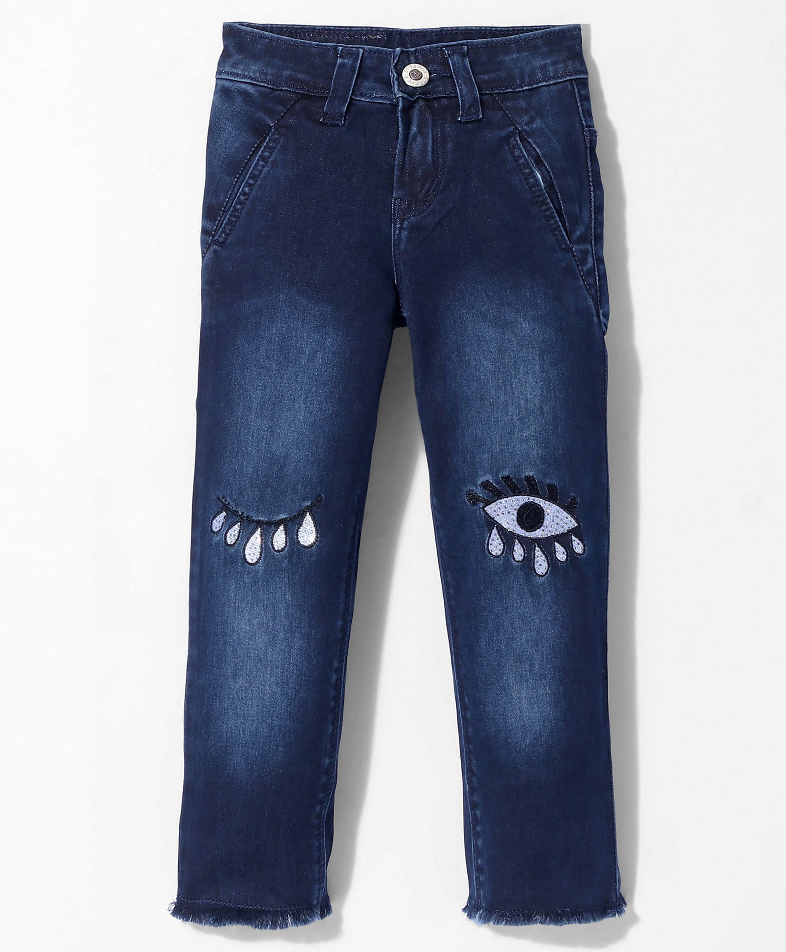 Enfance Denim Eyes Embroidery Ripped Full Length Jeans - Blue-image-48