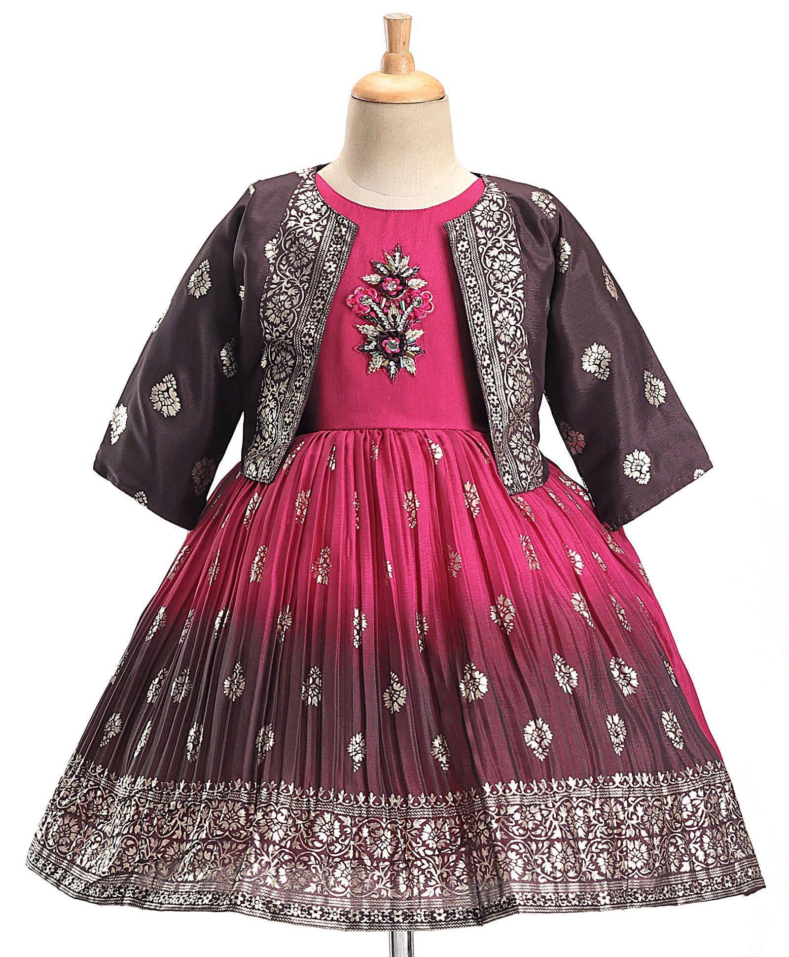 Enfance Cotton Silk Knit Full Sleeves Floral Embellished Ethnic Dress With Jacket - Brown-image-46