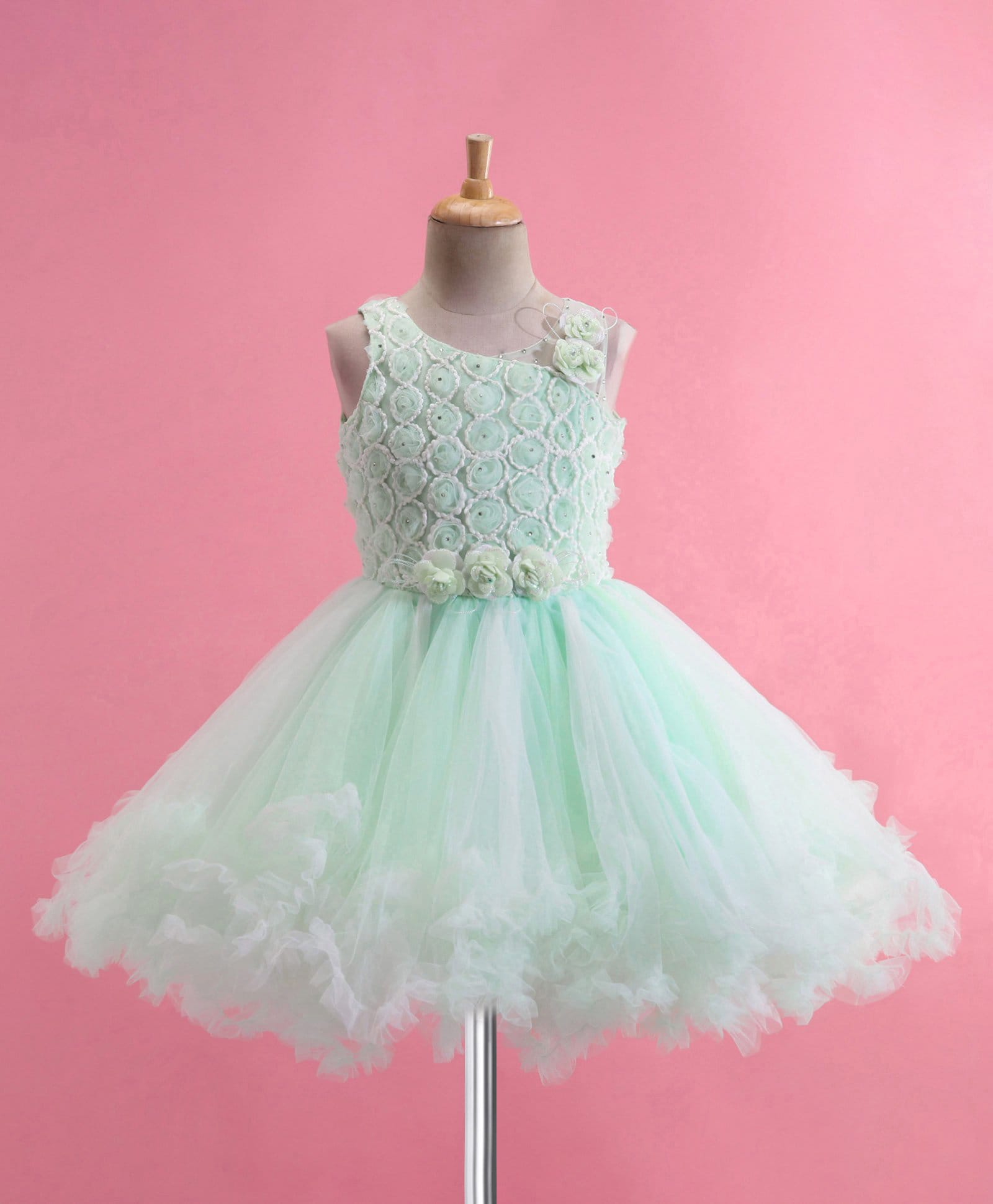 Enfance Net Knit One Shoulder Flower Applique Party Dress - Sea Green-image-8