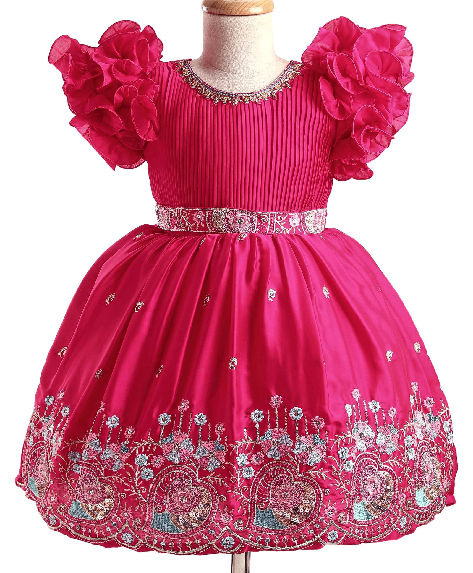Enfance Silk Knit Frill Sleeves Floral Embroidered & Sequinned Dress - Dark Pink-picture-34