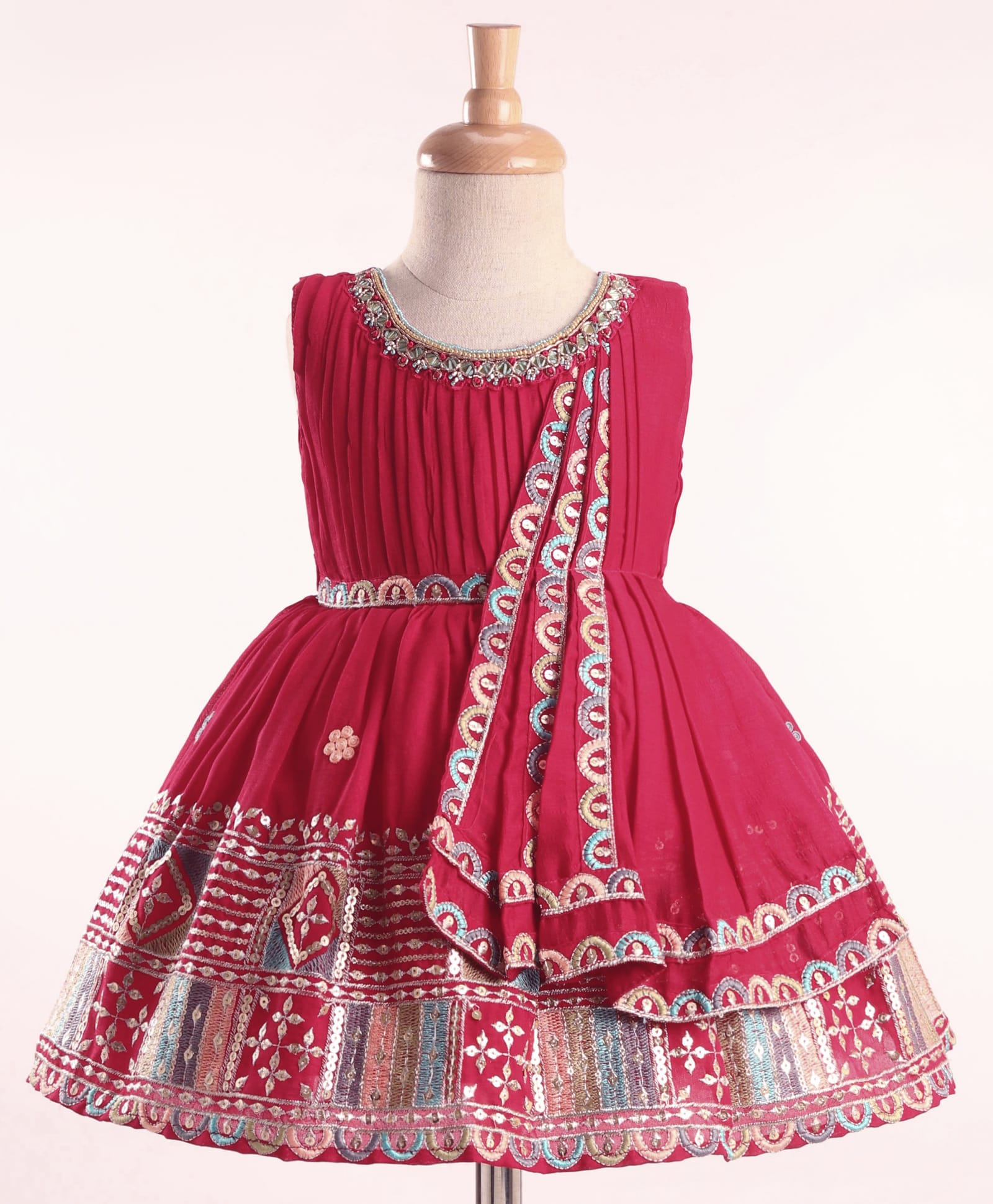 Enfance Cotton Silk Woven Sleeveless Embroidered & Mirror Worked Dress with Attached Dupatta -Dark Pink-picture-31