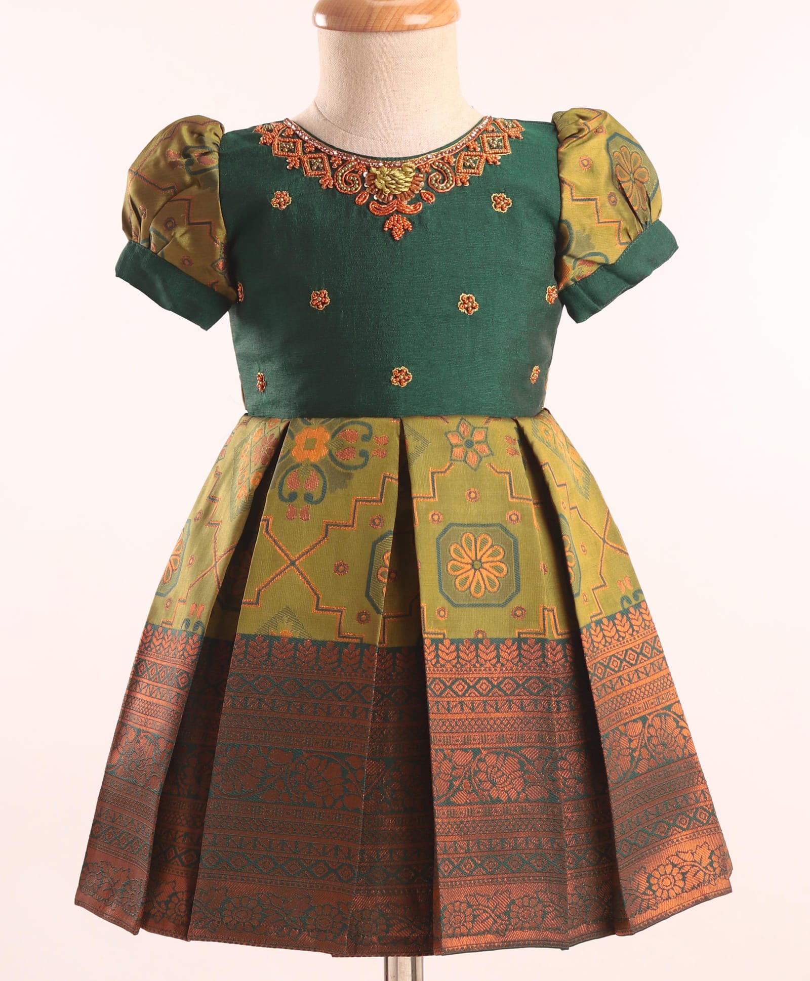 Enfance Cotton Silk Knit Half Sleeves Banarasi Print Pattu Pavdai Dress - Green-picture-43