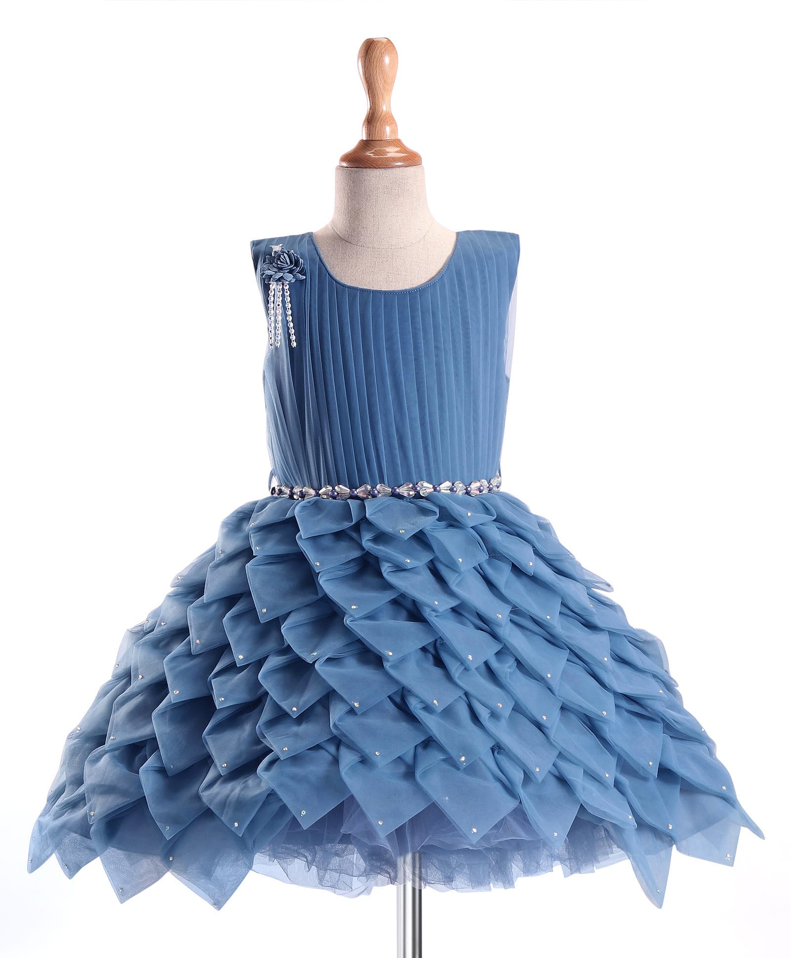 Enfance Net Knit Sleeveless Flared Party Dress With Floral Applique - Blue-image-48