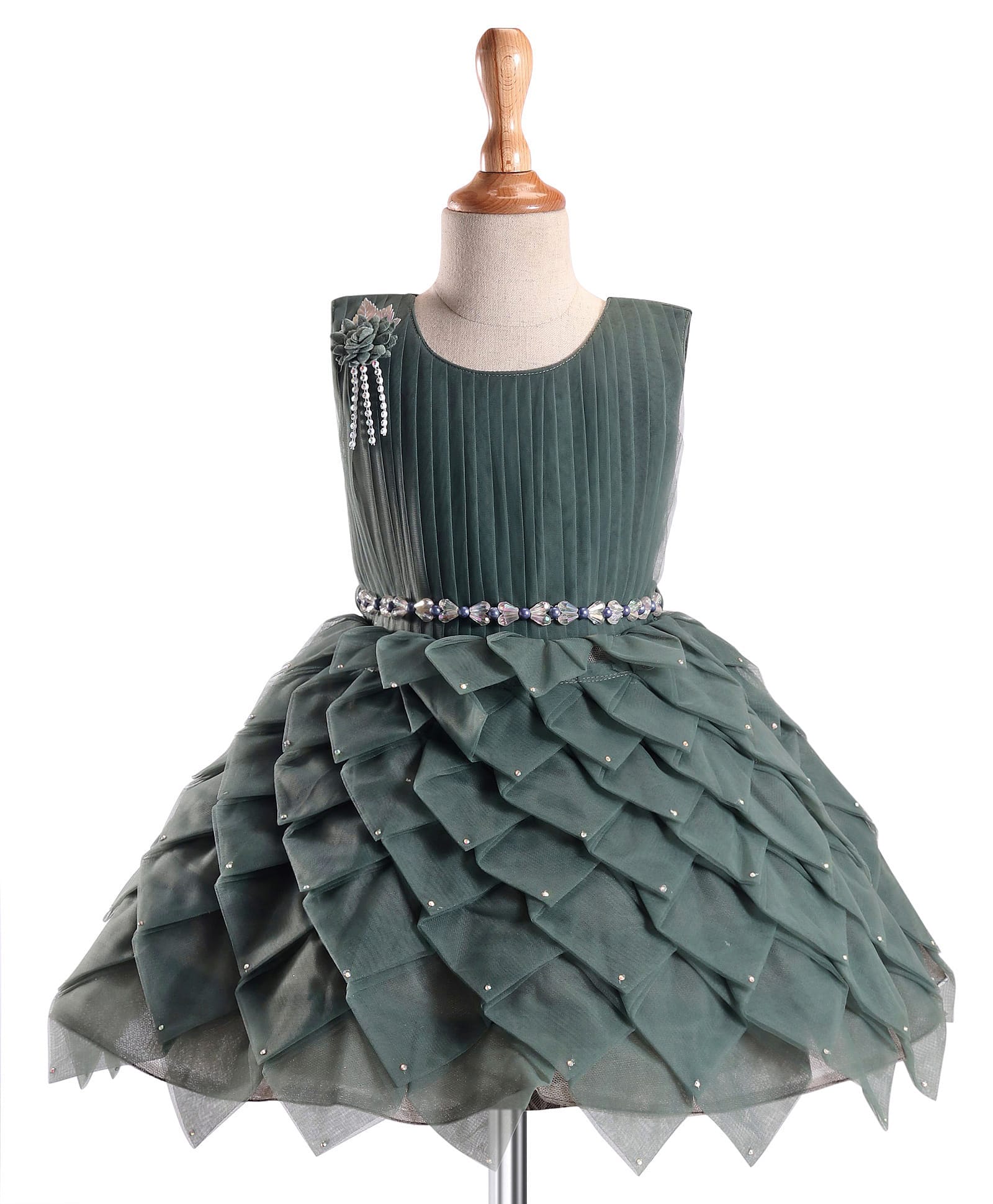 Enfance Net Knit Sleeveless Flared Party Dress With Floral Applique - Green-image-8