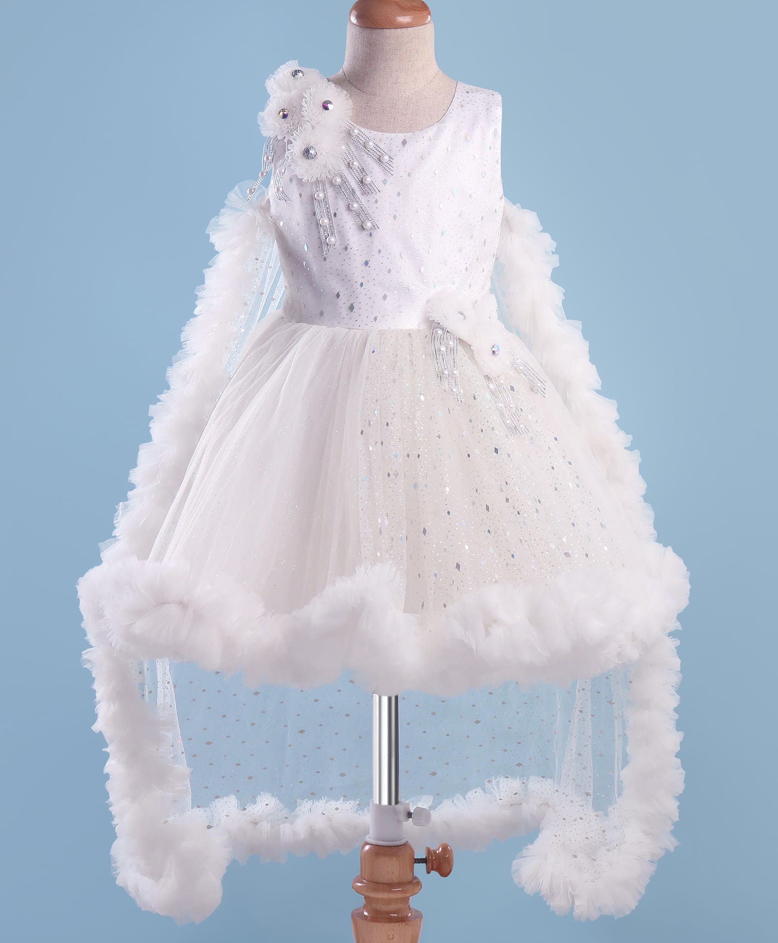 Enfance Net Knit Sleeveless Pearl & Flower Applique Party Dress With Veil - White-picture-7