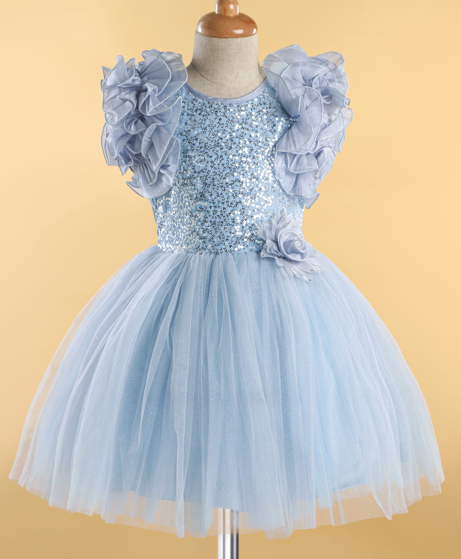 Enfance Net Knit Sleeveless Sequinned & Flower Applique Party Dress - Light Grey-picture-20