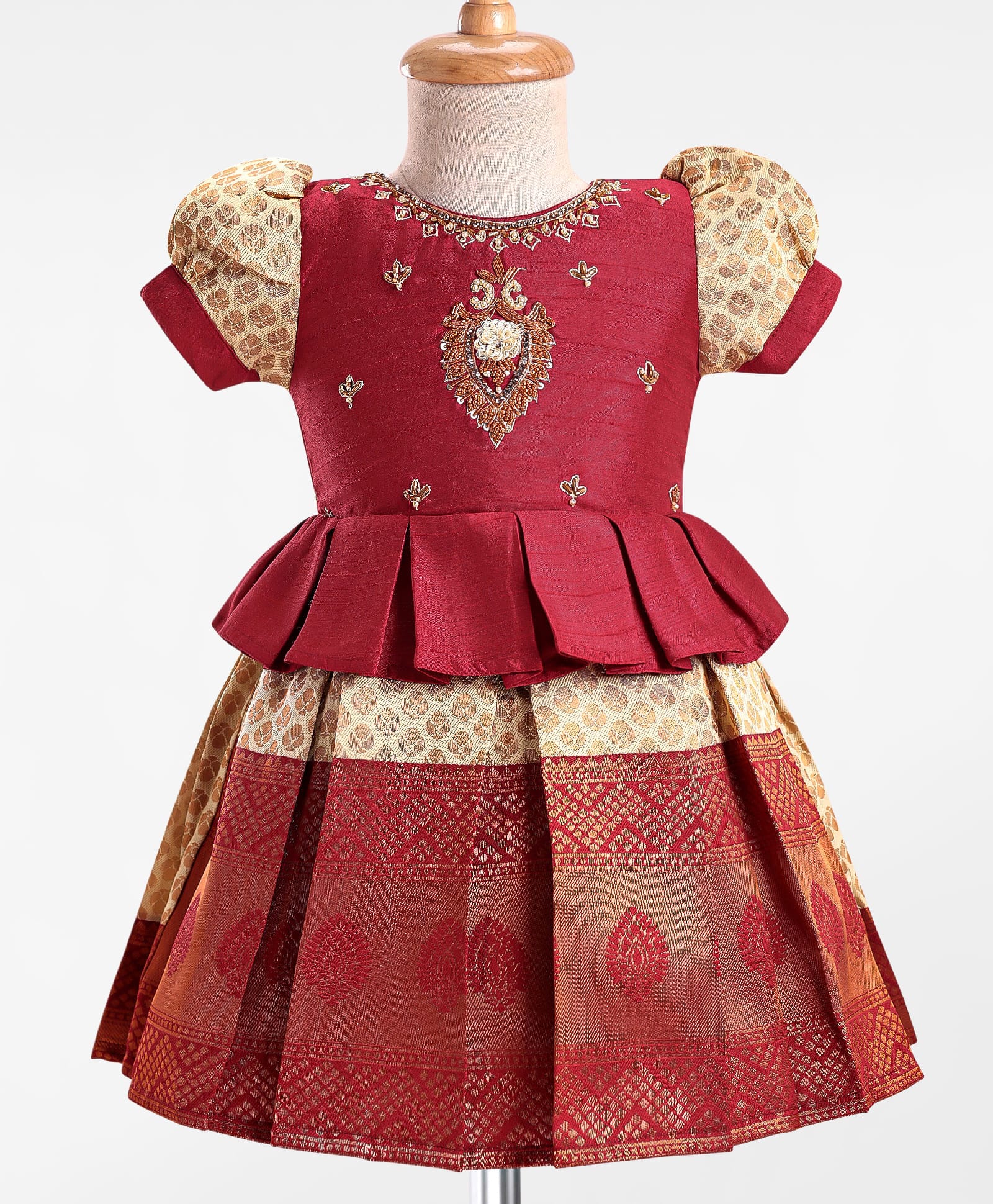 Enfance Cotton Silk Knit Half Sleeves Banarasi Print Pattu Pavdai Dress with Floral Embellishment - Maroon-picture-20