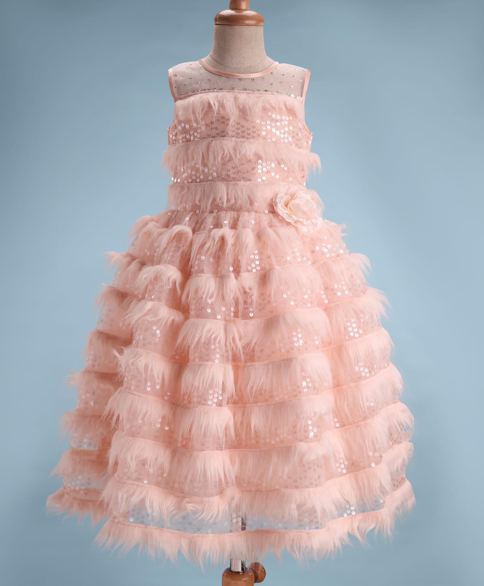 Enfance Net Knit Sleeveless Sequins Embellished Fur Detailed Party Gown With Floral Applique - Peach-image-36